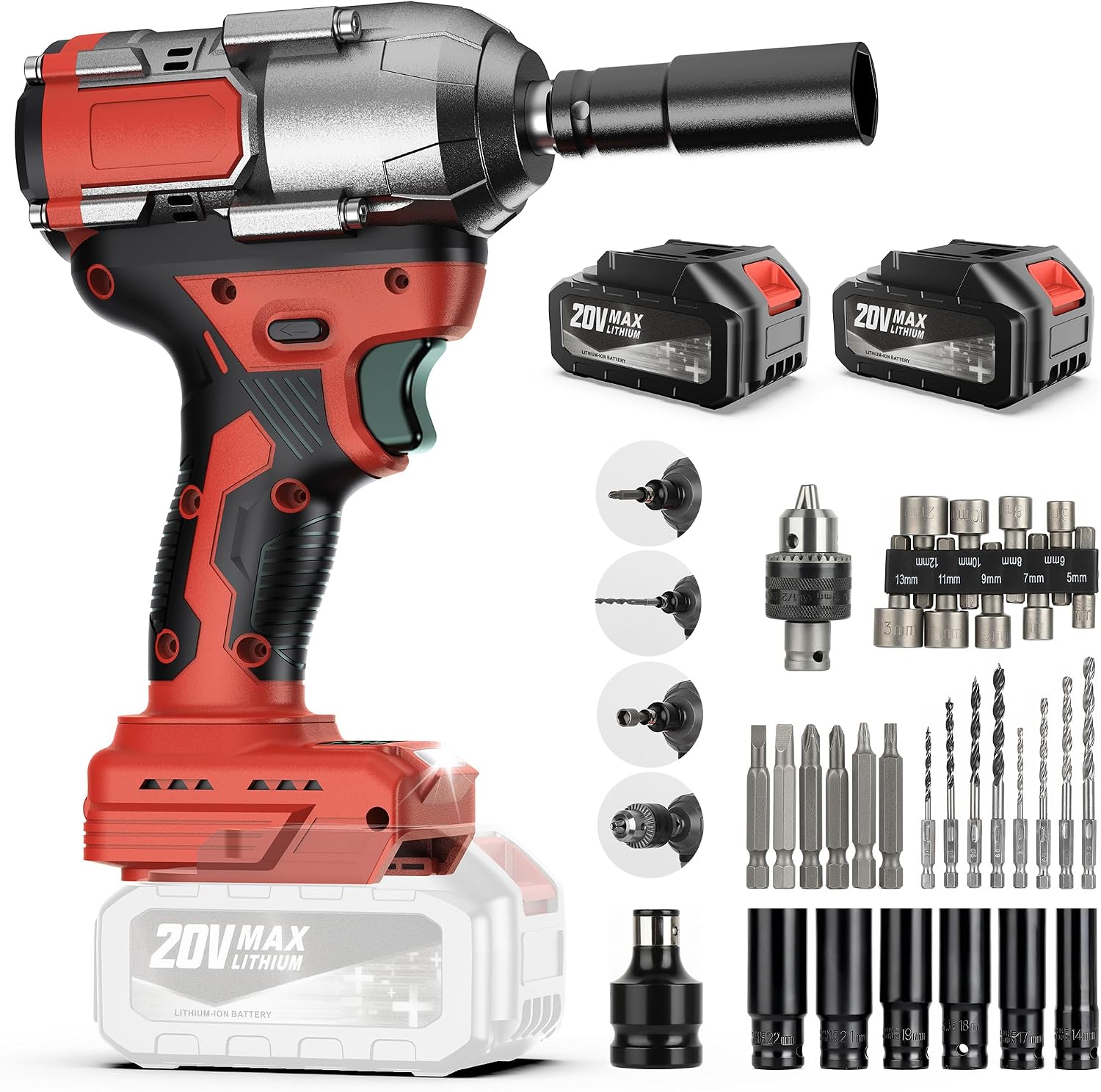 MGYM Cordless Impact Wrench 590Ft-lbs (800N.m), 1/2'' Brushless High Torque 3300 RPM Impact Gun, 2×4.0Ah Batteries, 6 Impact Sockets, Extension Bar & Drill/Driver Set for Car Home Repair (Red)
