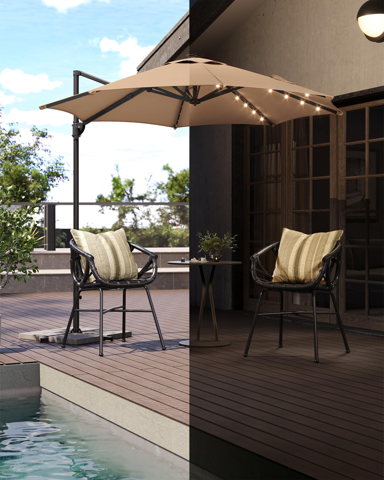 SONGMICS Parasol przeciwsłoneczny z oświetleniem solarnym LED, parasol ogrodowy, 32 diody LED, Ø 300 cm, ze stojakiem, ochrona przed promieniowaniem UV do UPF 50+, z korbą, do ogrodu, na taras
