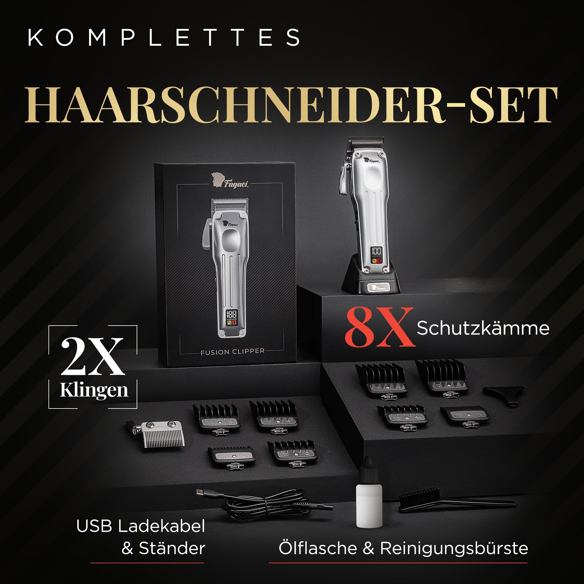 Fagaci Haarschneidemaschine Profi Herren, 2 Klingen Fade und Taper | Fade- und Taper-Klingen, Wechsel per Klick, Keramik oder DLC, kühler Betrieb, 3x Motorlebensdauer, 5x Klingenschärfe