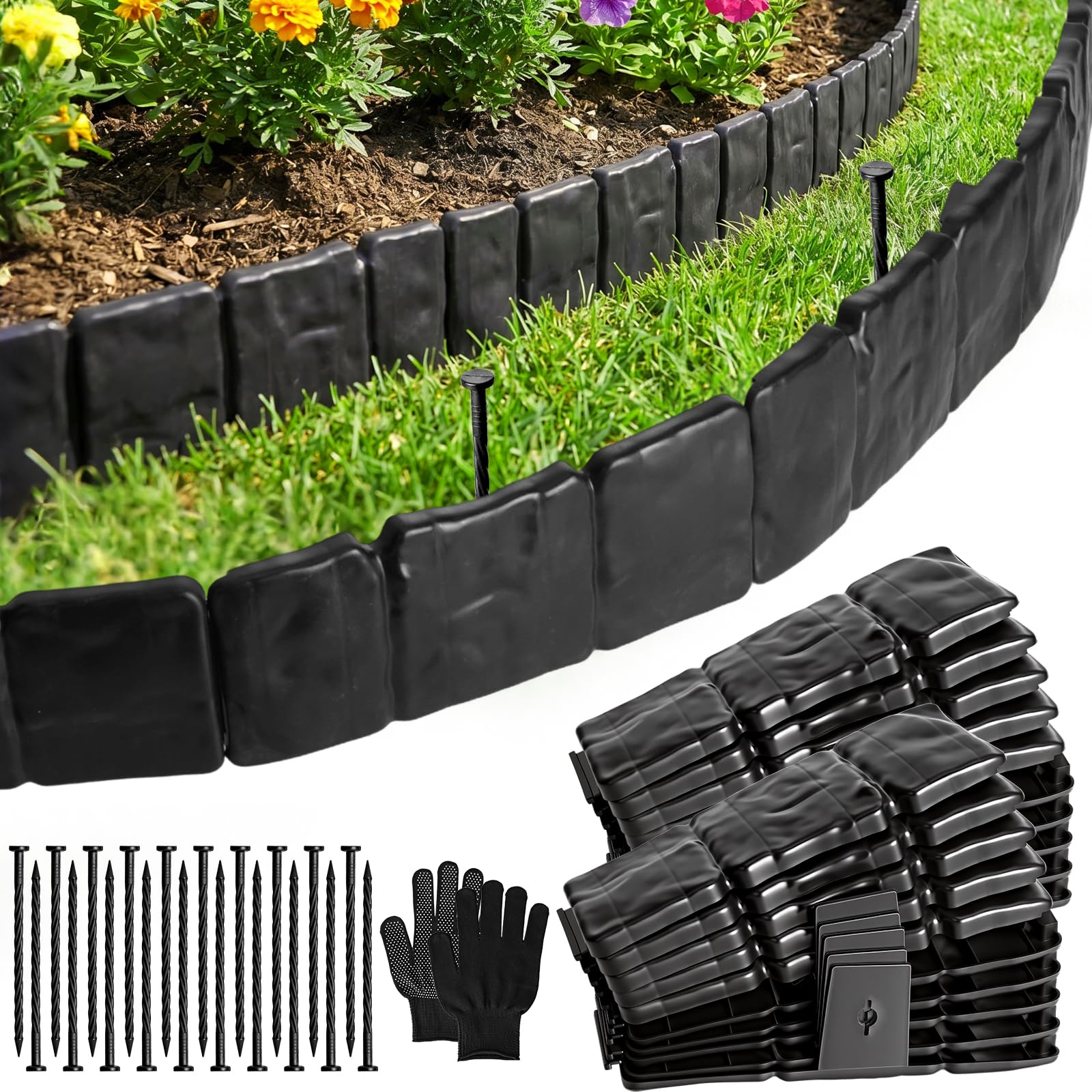 Bordure Jardin Exterieur, Bordures de Jardin Flexible Plastique, Décorative Facile à Installer pour Allée Pelouse Parterre Lot de 20pcs Gris, Épaissi Bordure de Pelouse, Pierre D'imitation-5 m