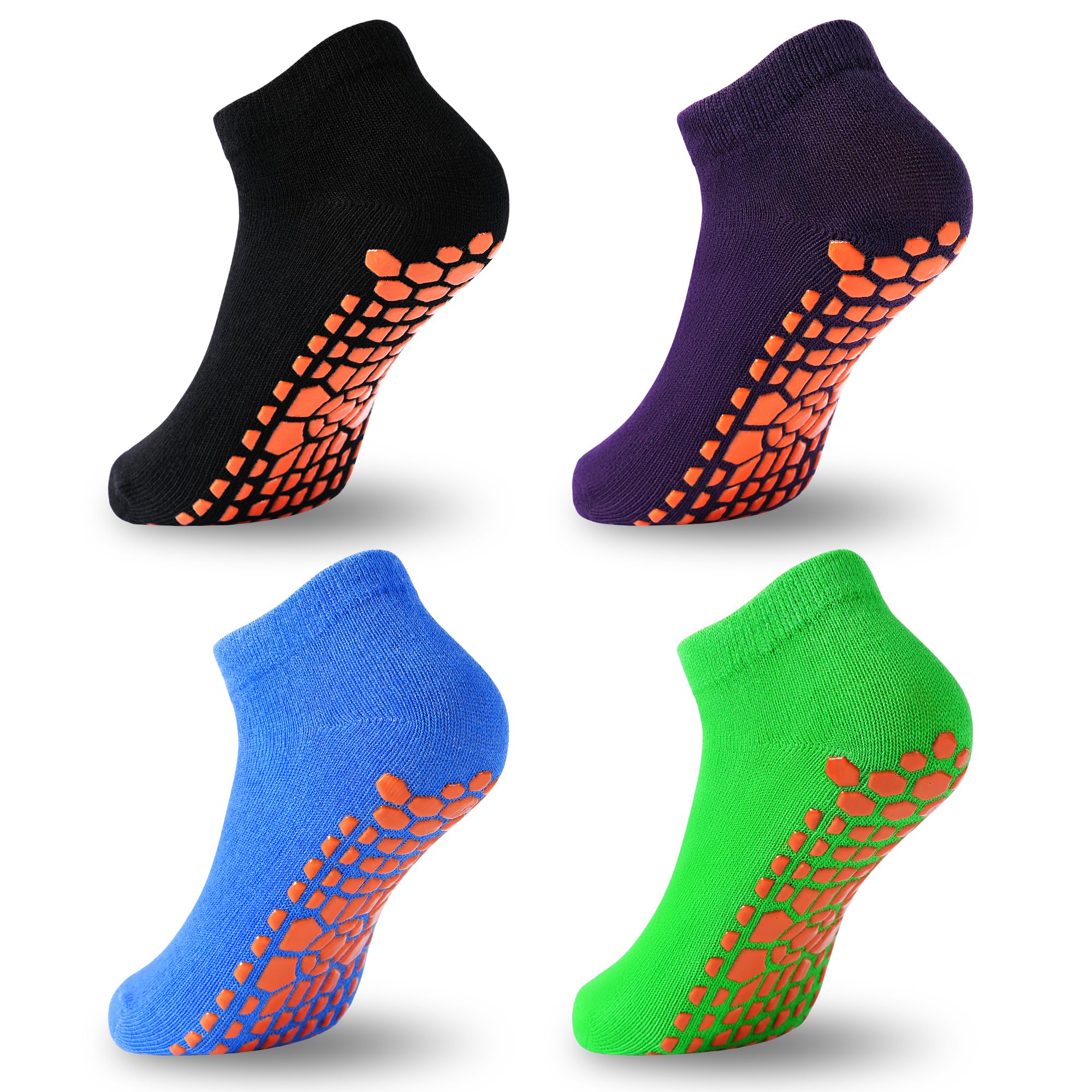 ELUTONG Kinder Rutschfeste Trampolin Socken, 4 Paar Jungen und Mädchen Baumwolle Stoppersocken mit Antirutsch Noppen EU 29-33 (schwarz+dunkel lila+blau+grün)