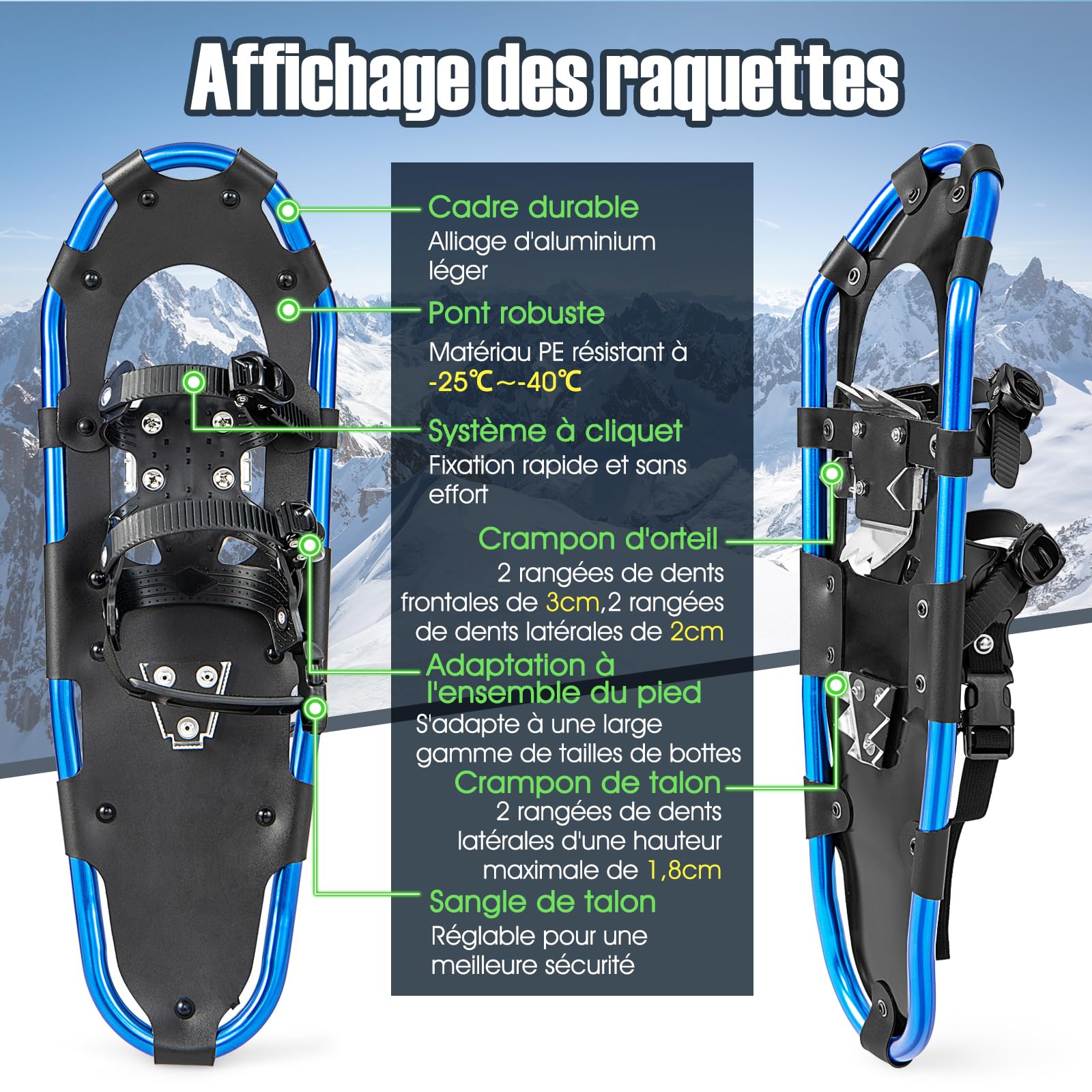 COSTWAY Set de Raquettes à Neige 4 en 1 Aluminium pour Adultes Jeunes, Chaussures Neige Randonnée avec Bâtons Réglable Sac Transport Pointure 35-45, Charge 30-130kg
