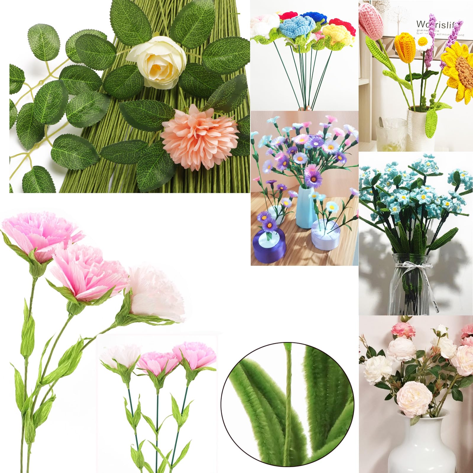 50 unidades de alambre floral de calibre 2, alambre envuelto en papel floral verde de 16 pulgadas/40 cm, tallos de floristería para suministros de arreglos florales, manualidades, ramos, tallos de