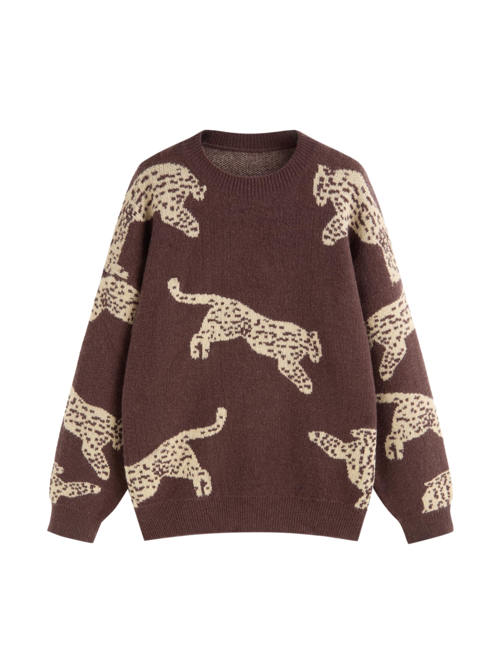 CIDER Womens Leopard Crew Neck Long Sleeve Boho Knit Sweater Casual Pullover Fall Sweater