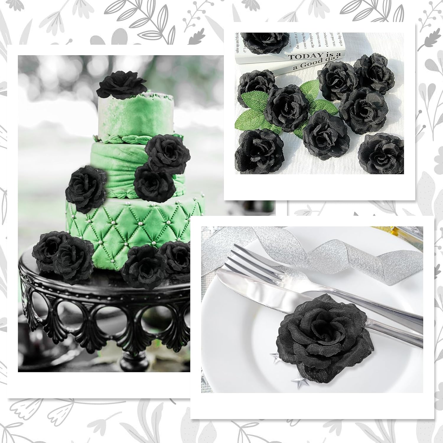 LELEE Rose Head Flowers with Stem - 108pcs Black Roses Artificial Flowers Bulk - Silk Rose Fake Flower for Bridal Gothic Wedding Bouquet Party Home Decor DIY Centerpieces Hotel Decorations