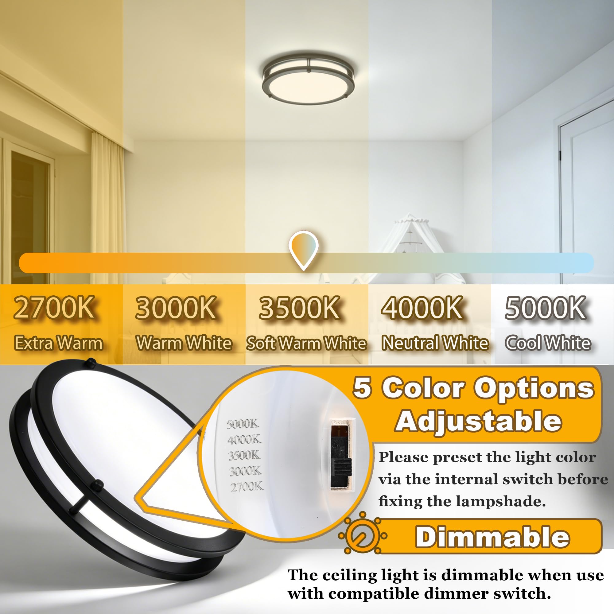 FishBelly Plafonnier LED Noir 30,5 cm pour Entrée, 2700K 3000K 3500K 4000K 5000K, Dimmable, Étanche, Plafonnier LED pour Salle de Bain, Cuisine, Entrée, Plafonnier Rond pour Couloir, 23W, 1400-1650LM