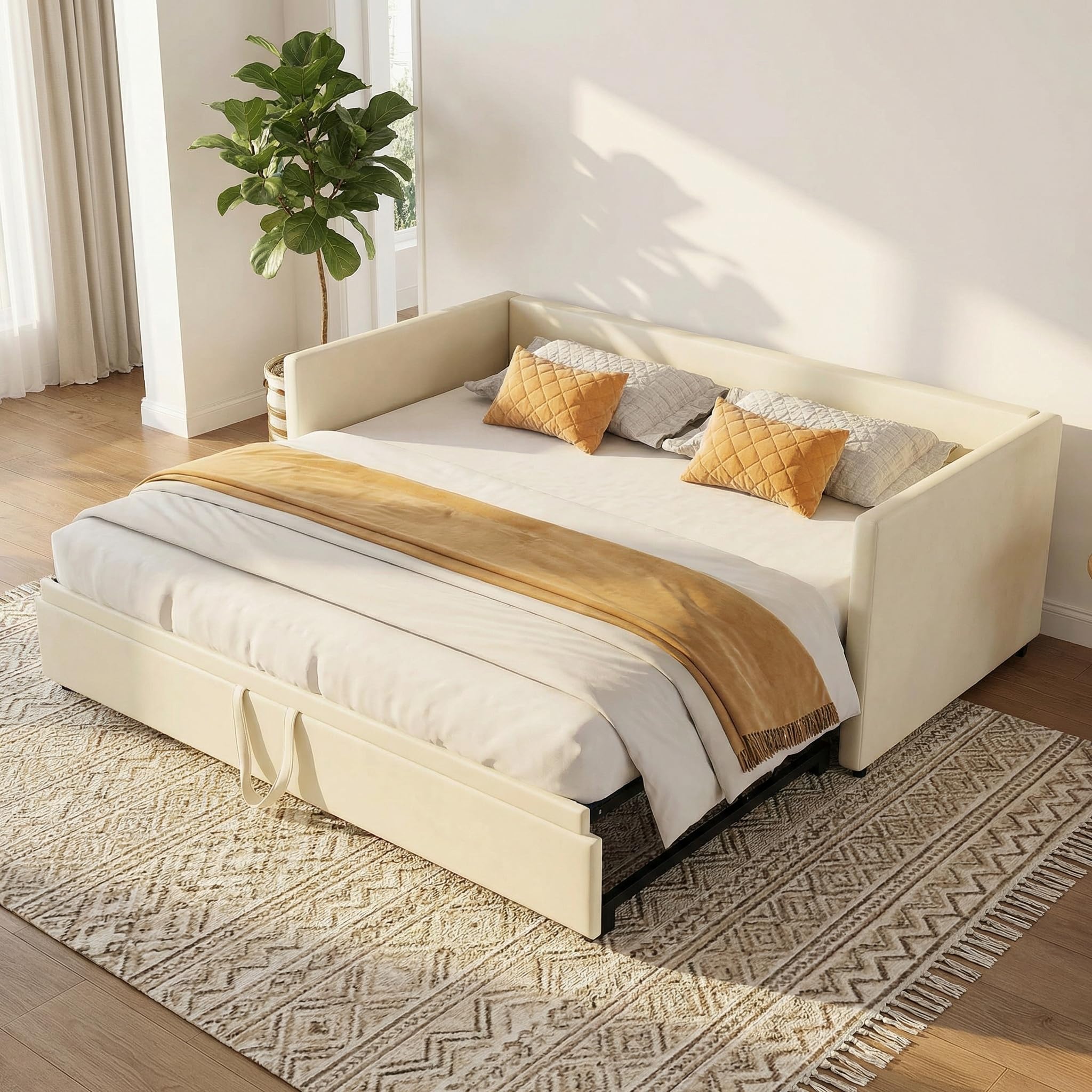 Divano Letto Multifunzionale Estensibile 90/180 X 200 cm, Divano Allungabile a 2 Posti con Rete a Doghe, Letto Matrimoniale in Velluto, Beige, Nessun Materasso (Beige, 90/180 x 200 cm)