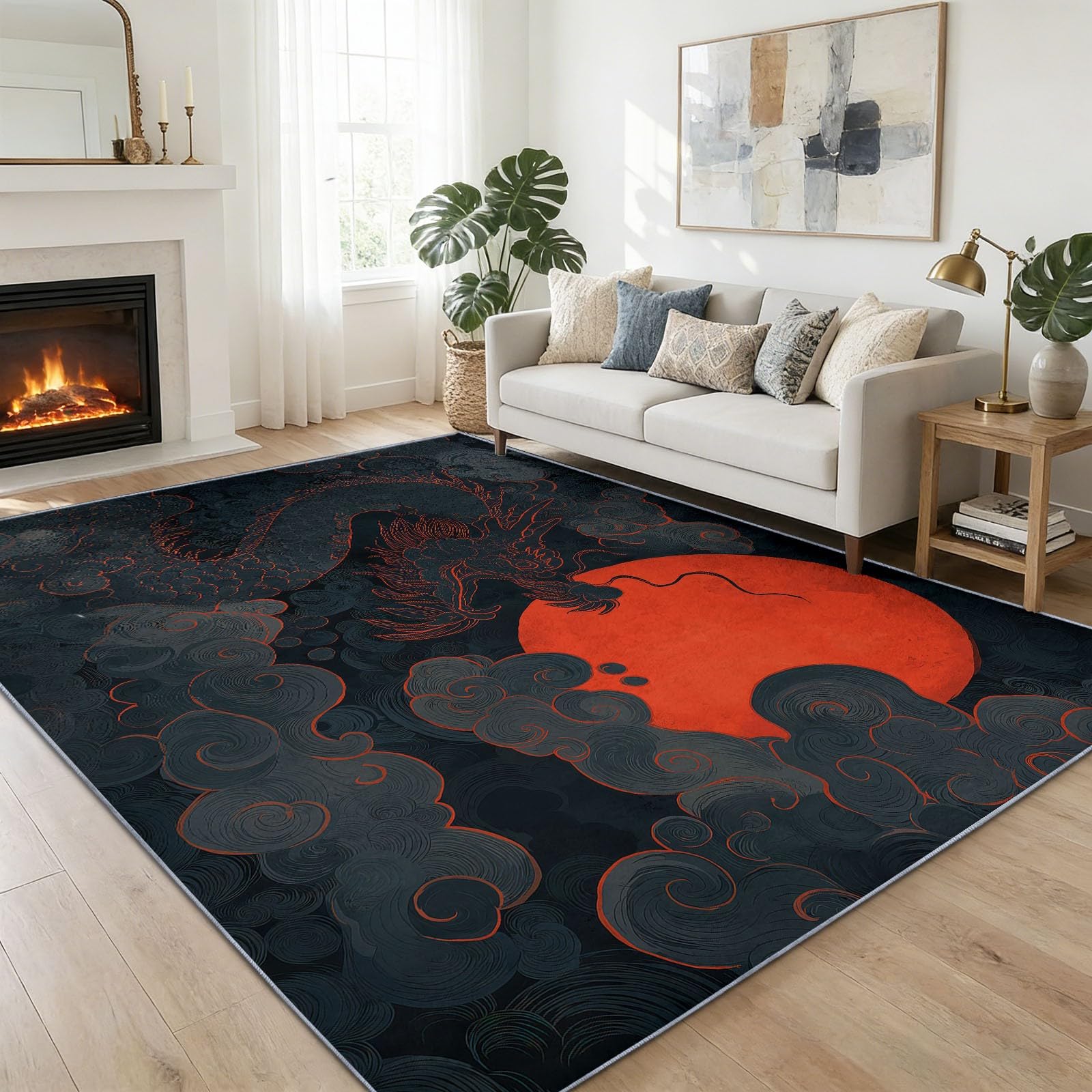 Alfombra antideslizante lavable con diseño de dragón chino y luna roja, 160 x 230 cm, alfombra antideslizante para dormitorio, sala de estar, alfombra de suelo de pelo corto, fácil de limpiar