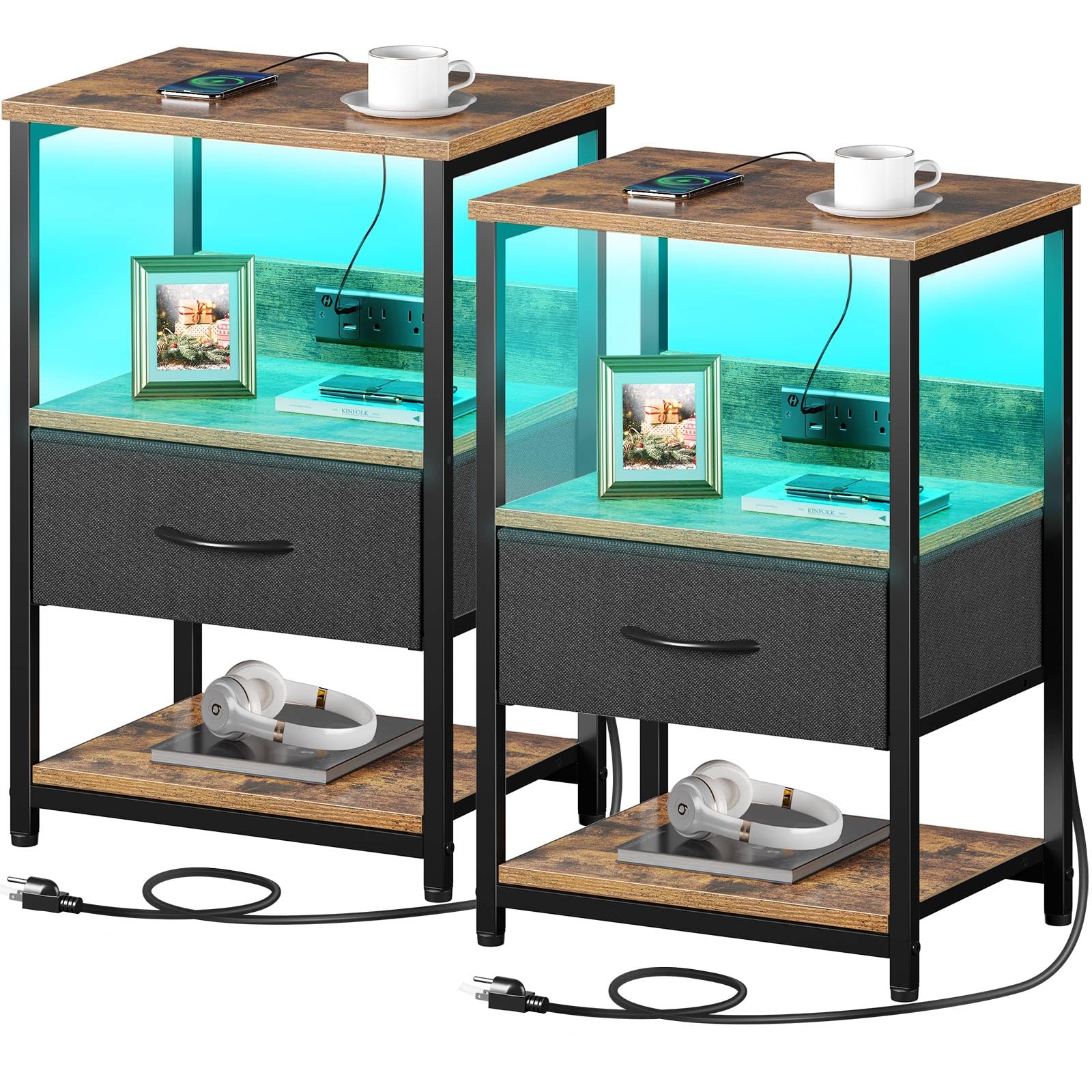 Seventable Nightstand Set of 2, LED Bedside Tables with Charging Station and Fabric Drawer, Night Stand with Storage, 3 Tier Bed Side End Table with Open Shelf for Bedroom, Living Room, Rustic Brown