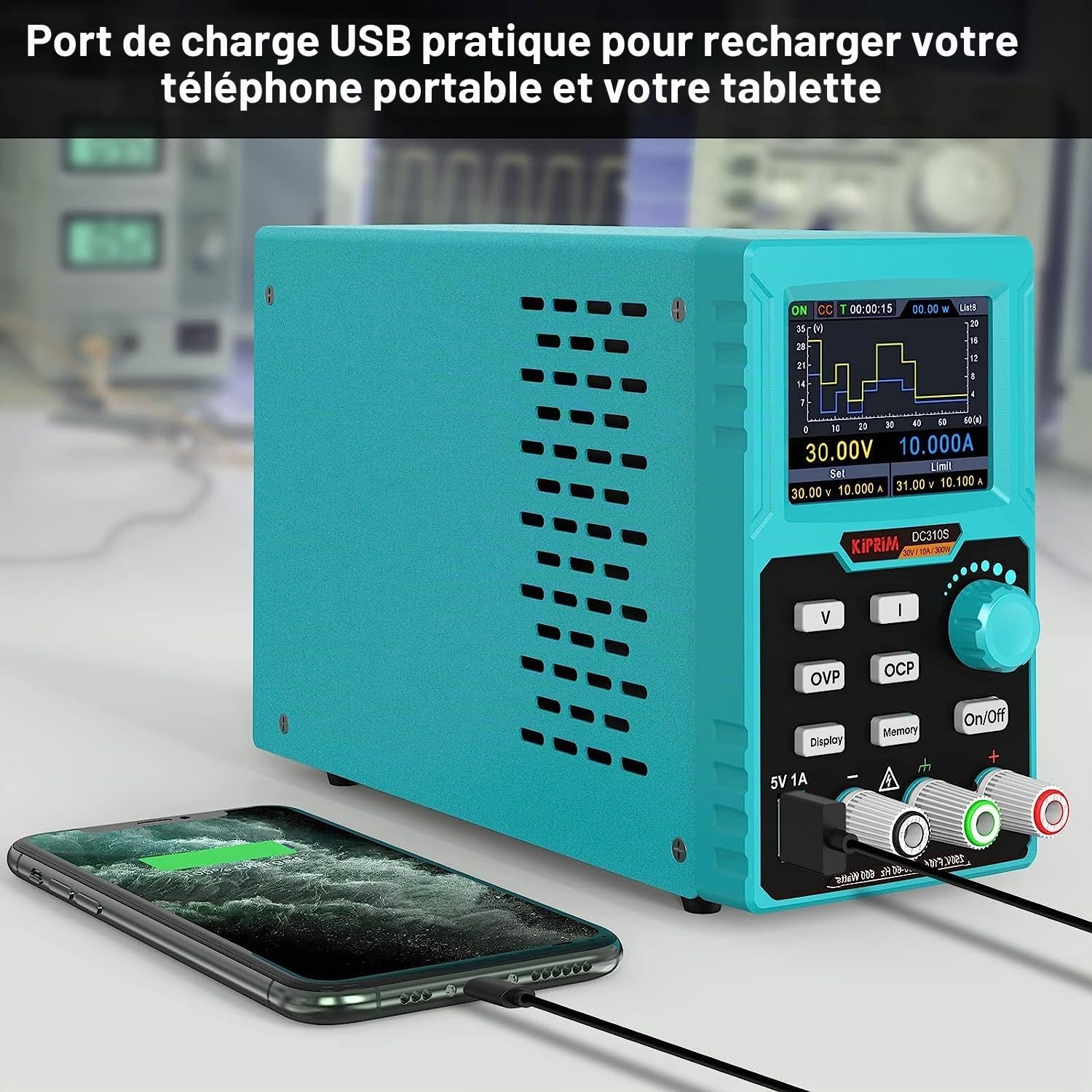 Alimentation de Laboratoire 0-30V 0-10A Alimentation Stabilisée DC Réglable et Programmable avec Affichages Multiples Protections Multiples Port USB Kiprim DC310S