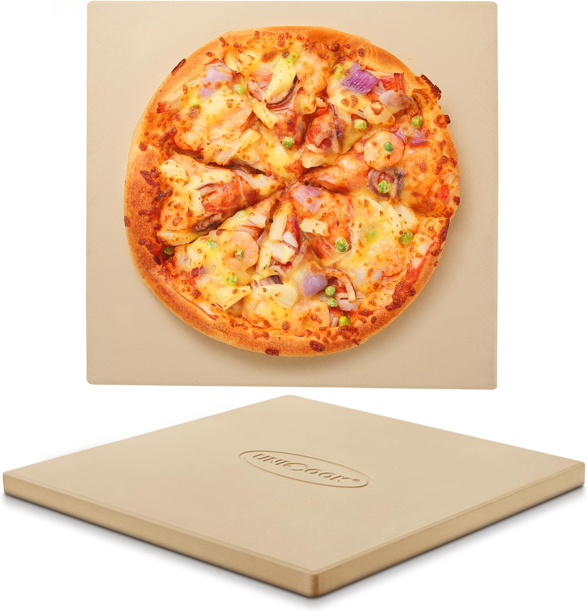 Unicook 16” x 16” Square Pizza Stone for Grill and Oven, Large Bread Baking Stone, Cordierite Pizza Pan for Baking Crispy Crust Pizzas, Bread and Cookies, Includes Pizza Dough Scraper