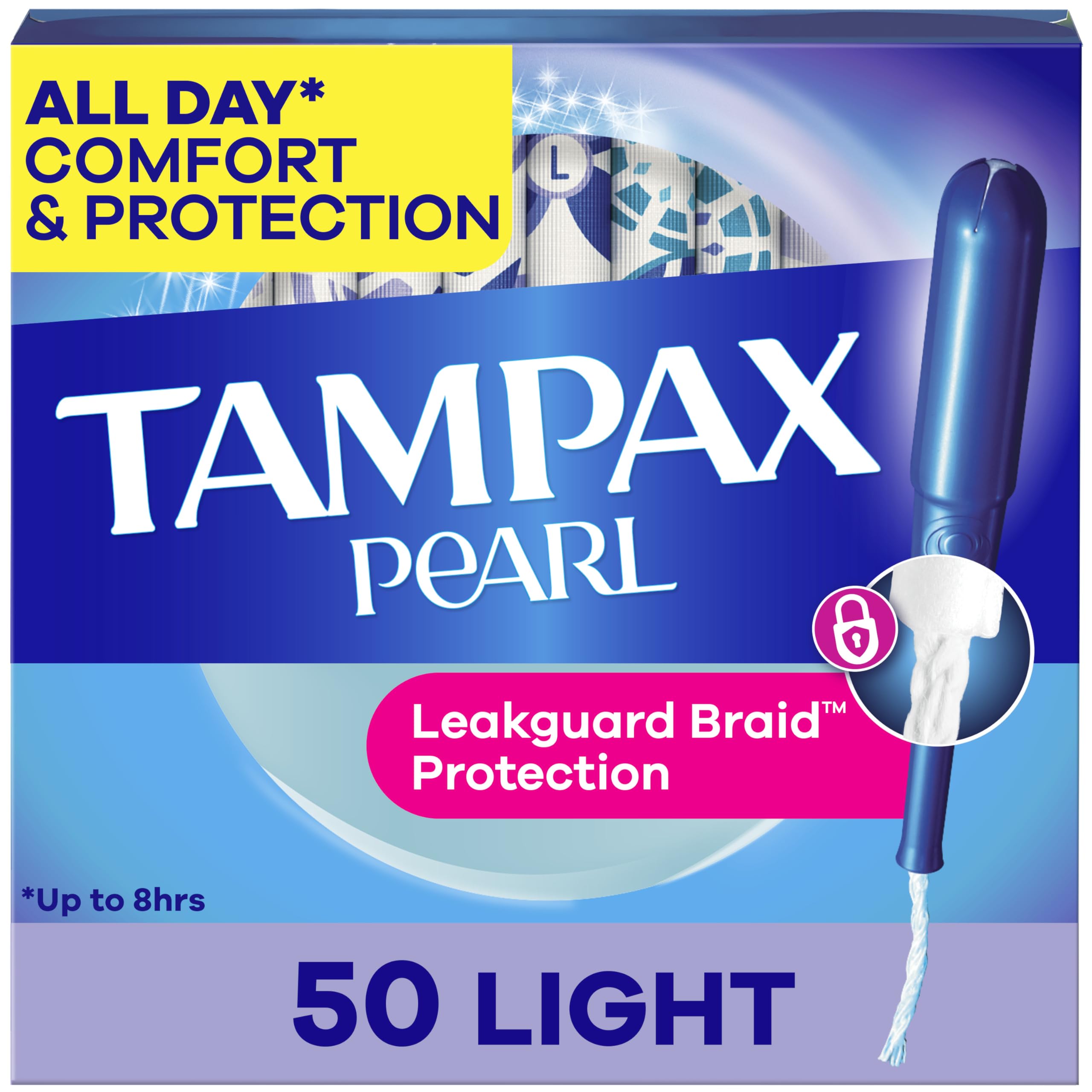 Tampax Pearl Tampons Light Absorbency with BPA-Free Plastic Applicator and LeakGuard Braid, Unscented, 50 Count