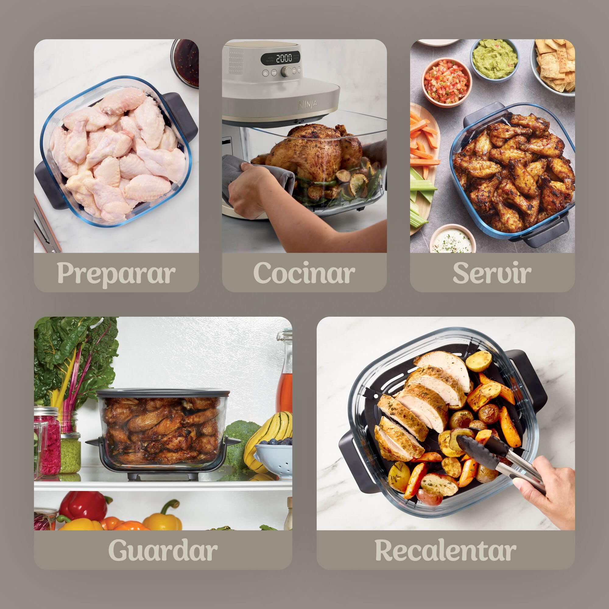 Ninja CRISPi PRO XL Freidora de aire, 5 funciones de cocción predefinidas, recipientes de cocción de cristal CleanCrisp de 5,7 y 2,3 l y tapas para almacenamiento, Dorado piedra AS090EUSD