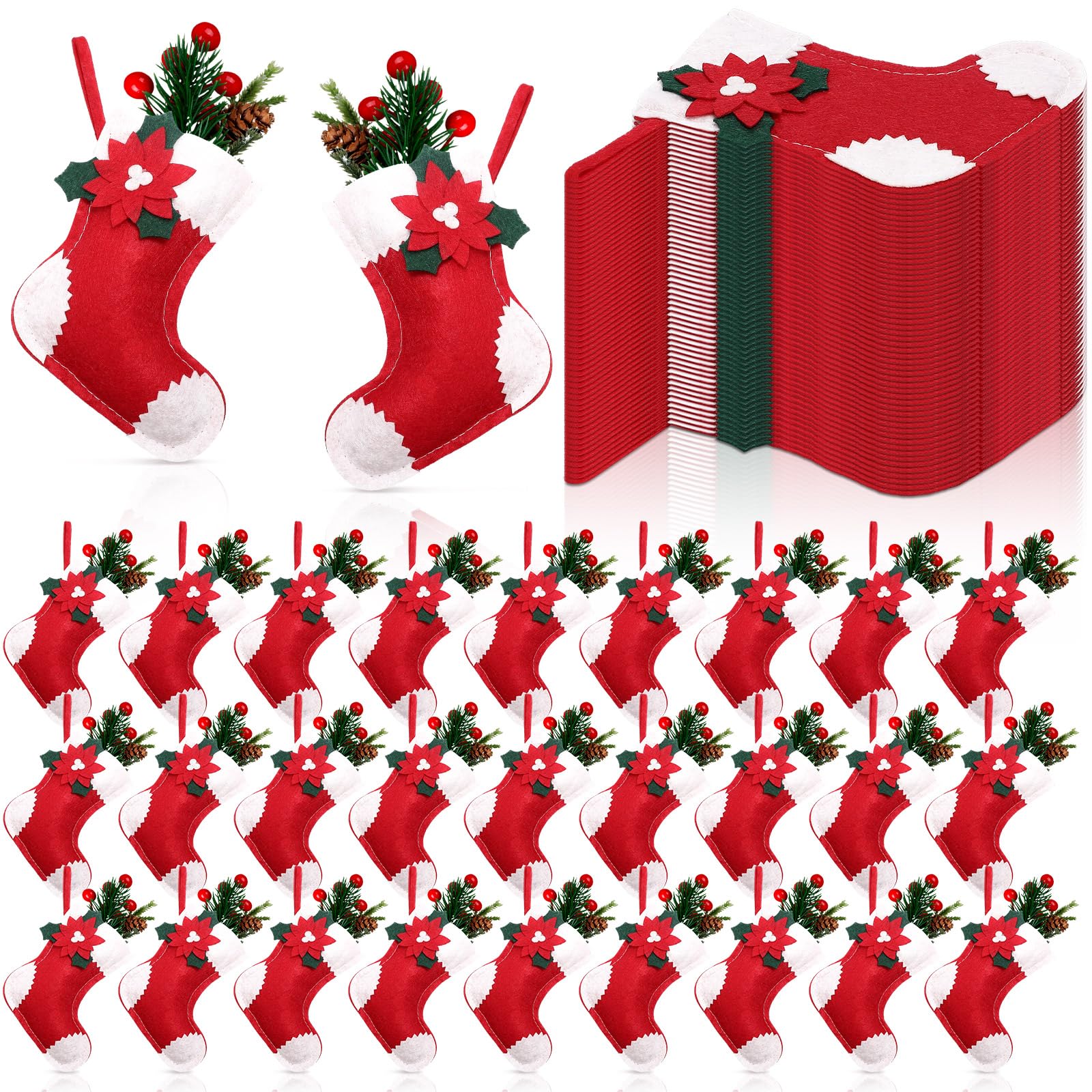 Geyoga Lot de 48 mini chaussettes de Noël en forme de poinsettia à suspendre pour cheminée, sapin de Noël rouge et blanc - 12,7 cm