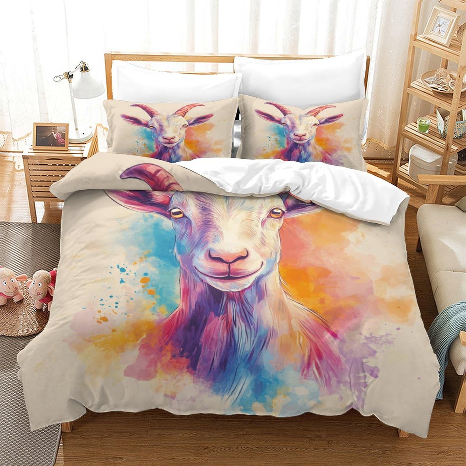 RNDKAUUIE Painted Goat Bedding Duvet Cover 3 Pieces Set 3D Print Goat Quilt Cover Bedding Sets Print Microfibre Duvet Cover Set for Boys Girls with Pillowcase Single（140x200cm）