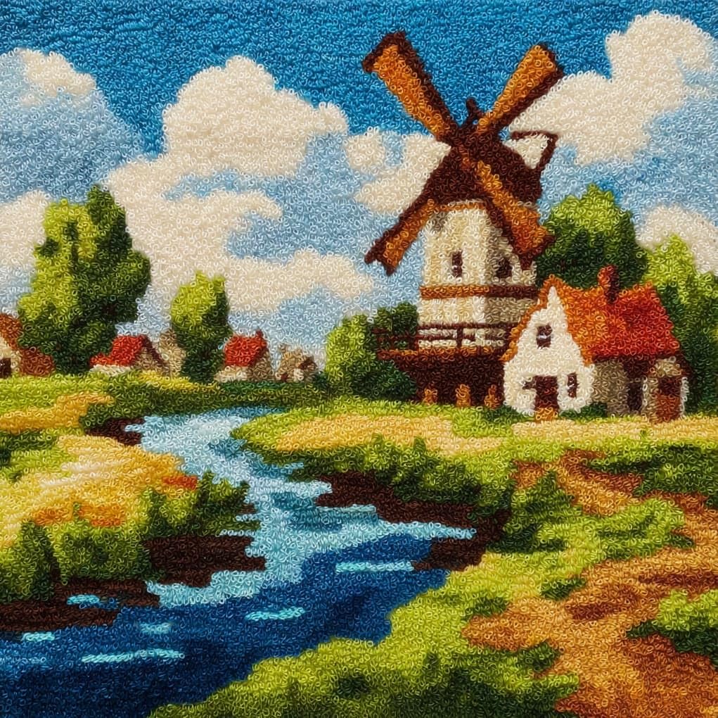 Wallustrioaw Windmills In The Village Latch Hook Kits Pillow For Adults,