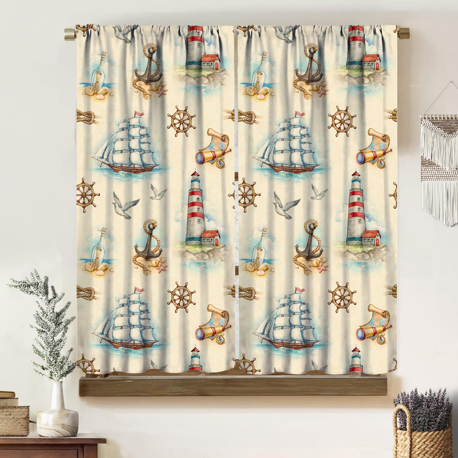 Vintage Navigation Curtains, Warm Beige Tone Hand Drawn Sailboat Lighthouse Anchor Seamless Pattern, Rod Pocket Thermal Insulation Blackout Window Treatments for Living Room Bedroom Bathroom 42x45in