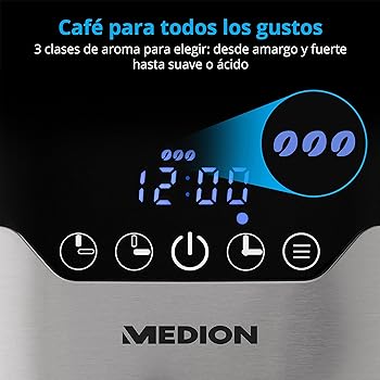 MEDION Cafetera con jarra térmica y temporizador (filtro, 8 tazas, 1,2 l, 900 W, 3 niveles, función mantener caliente, antigoteo, pantalla, MD18458) acero inoxidable6