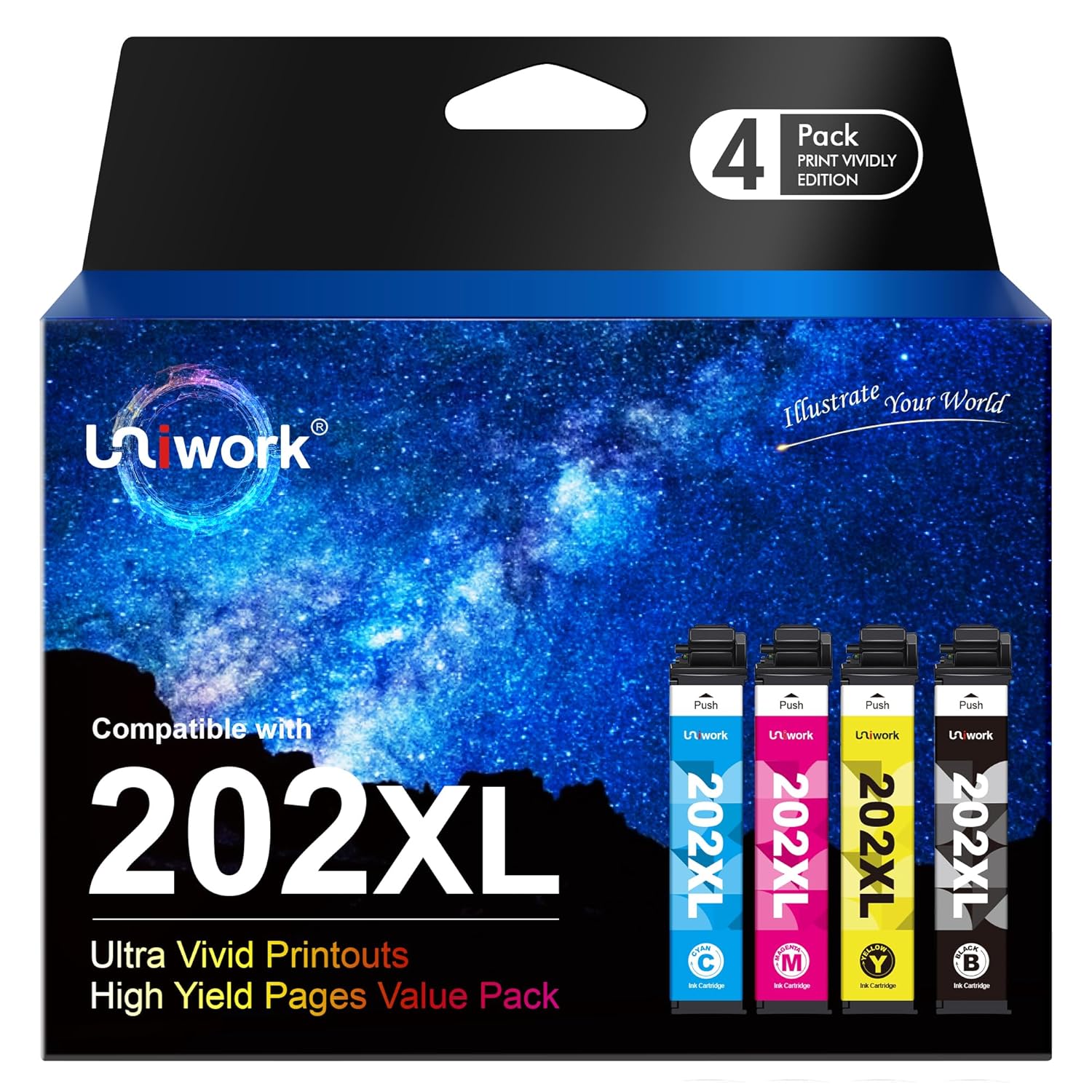 Uniwork Remanufactured 202XL Ink Cartridges Replacement for Epson 202 Ink Cartridges 202XL T202 to use with Workforce WF-2860 Expression Home XP-5100 Printer (1 Black 1 Cyan 1...