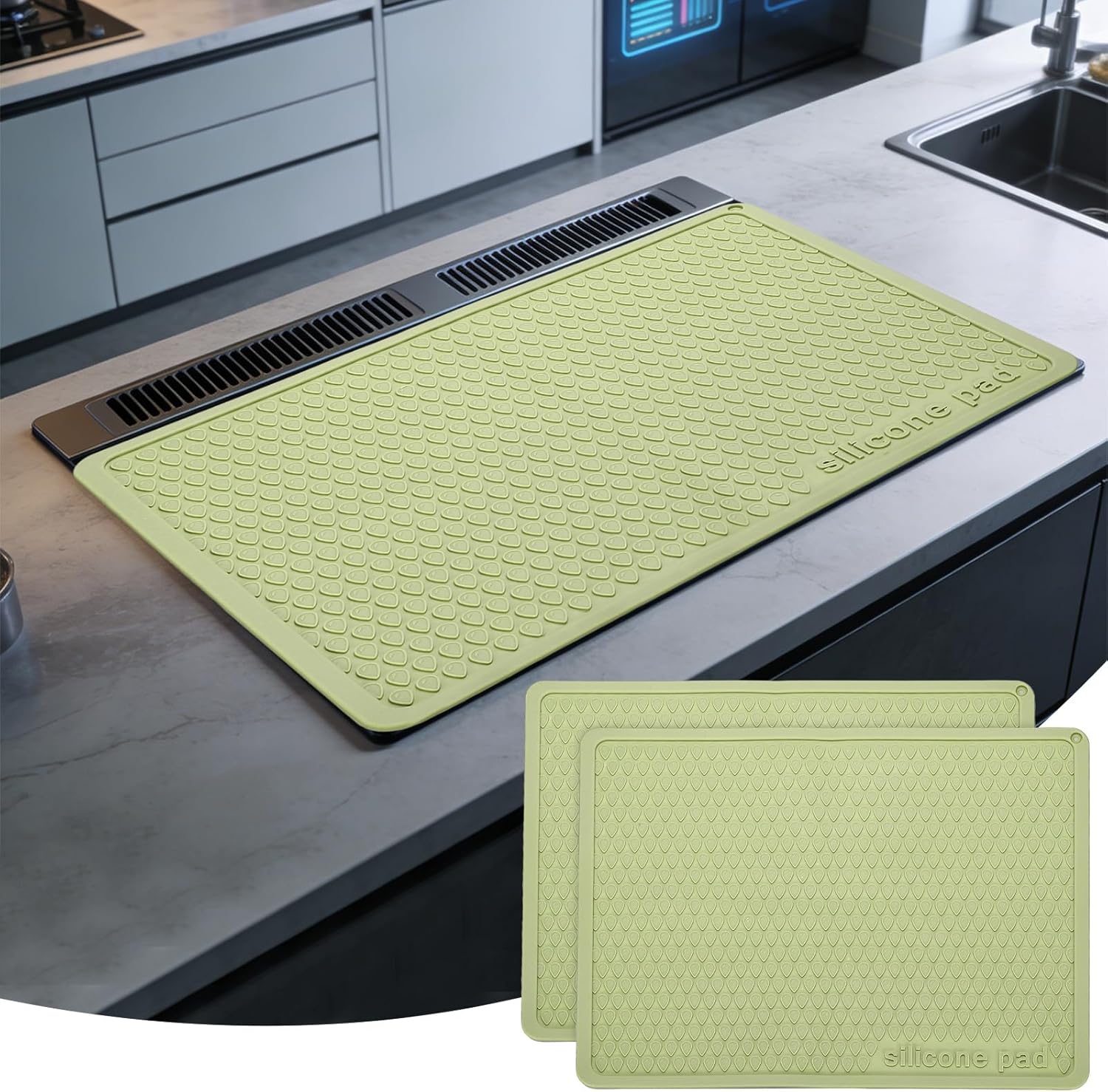 PATIKIL 2 Pcs Dish Drying Mat, 16 x 12 Inch Silicone Heat Resistant Drying Pad Stove Top Cover for Kitchen Counter Sink Stove Refrigerator Drawer Liner, Matcha Green