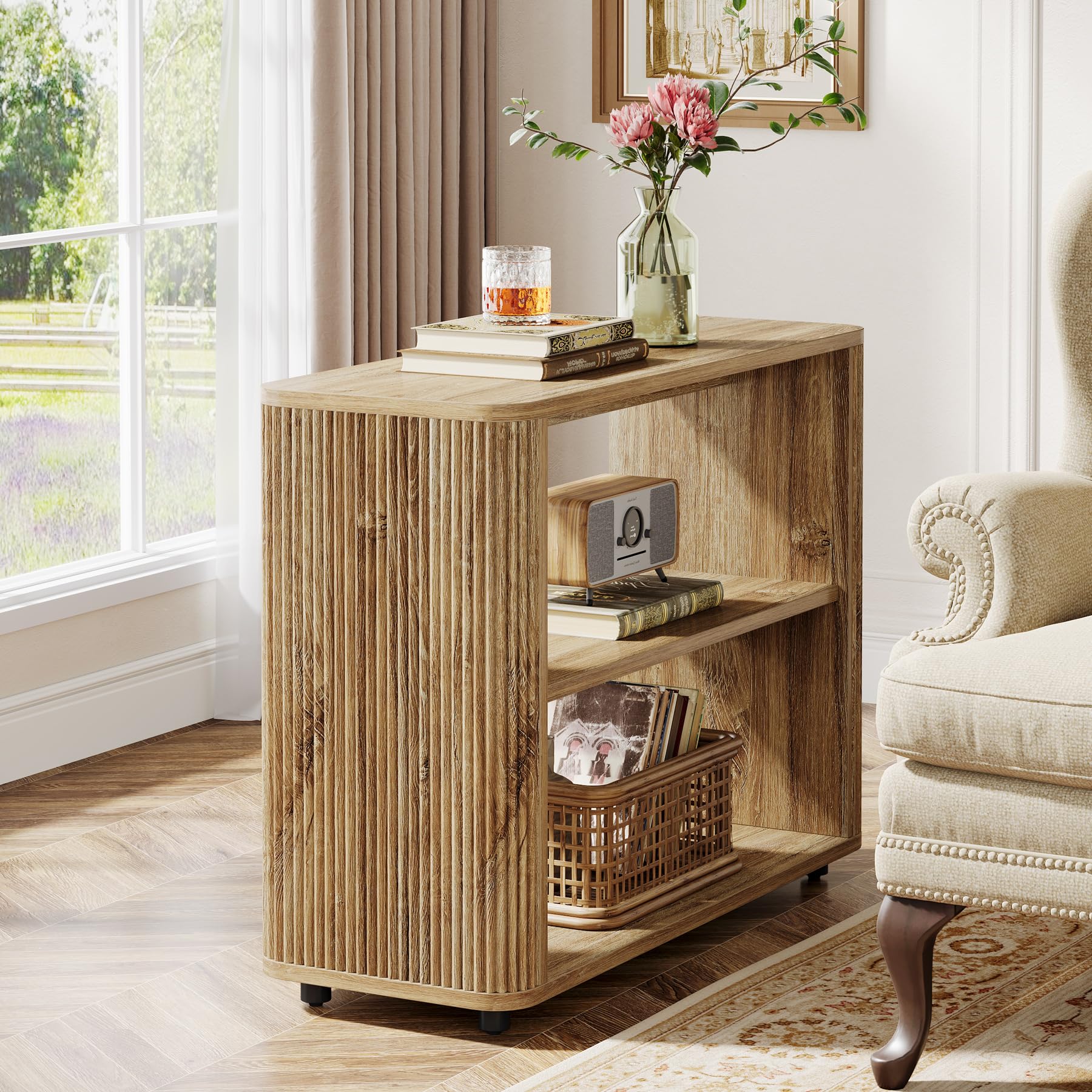 Tribesigns 3-Tier Narrow End Table, Fluted Nightstand, Bedside Table | Storage Shelves, Farmhouse Style, For Living Room, Bedroom, Small Spaces, Sofa Couch, Natural