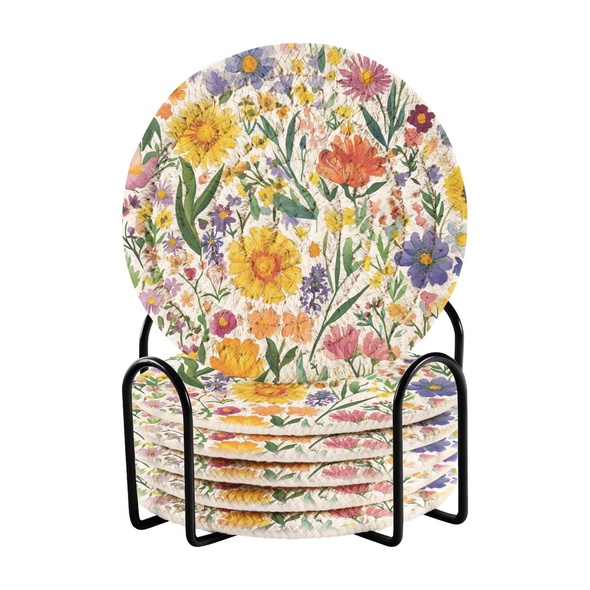 Flowers Calendula Peonies White Cotton Rope Drink Coasters Absorbent Set of 6 with Holder Table Cup Coasters