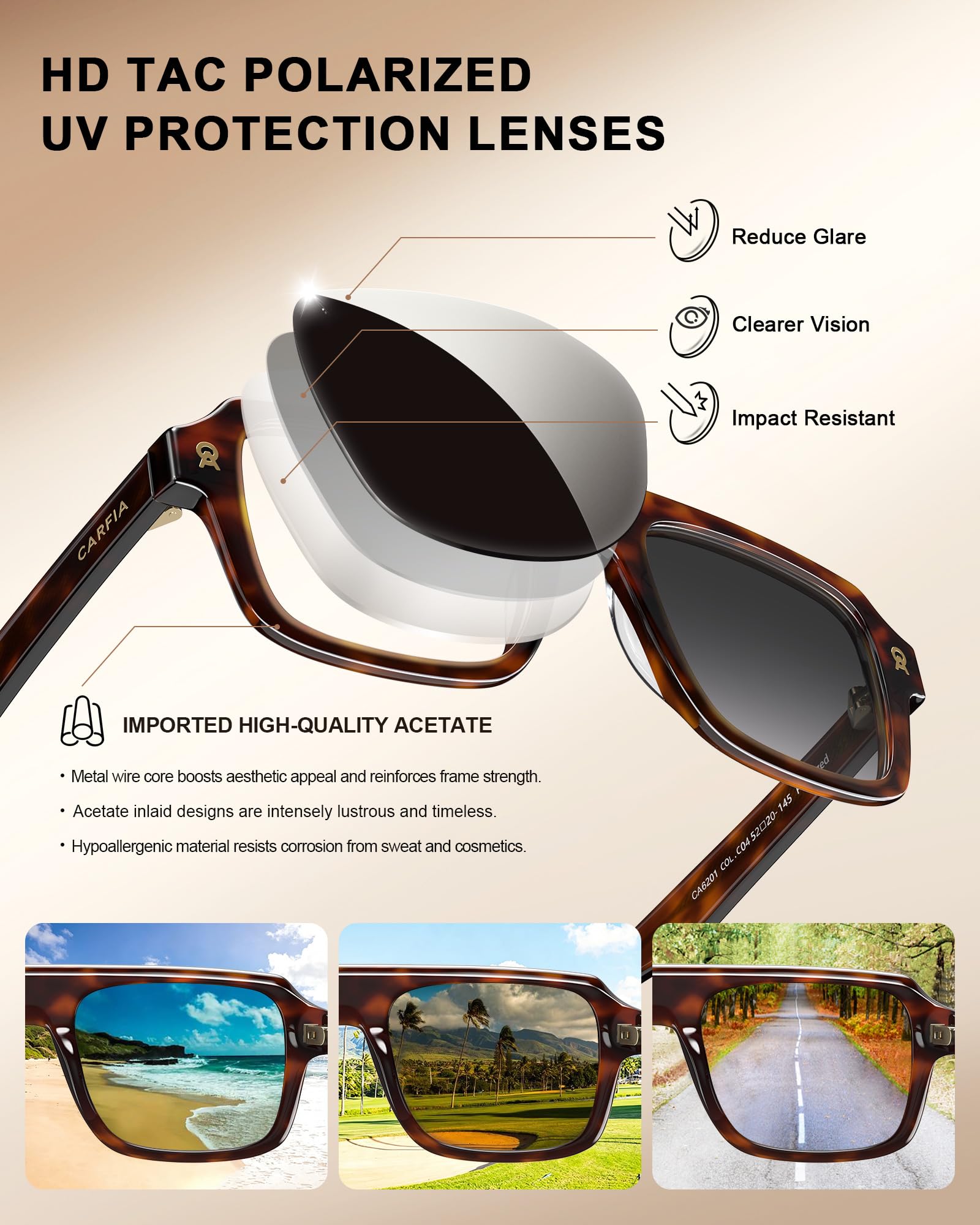 Carfia Lunettes de soleil Polarisées pour Homme Rétro Forme Rectangulaire Acétate
