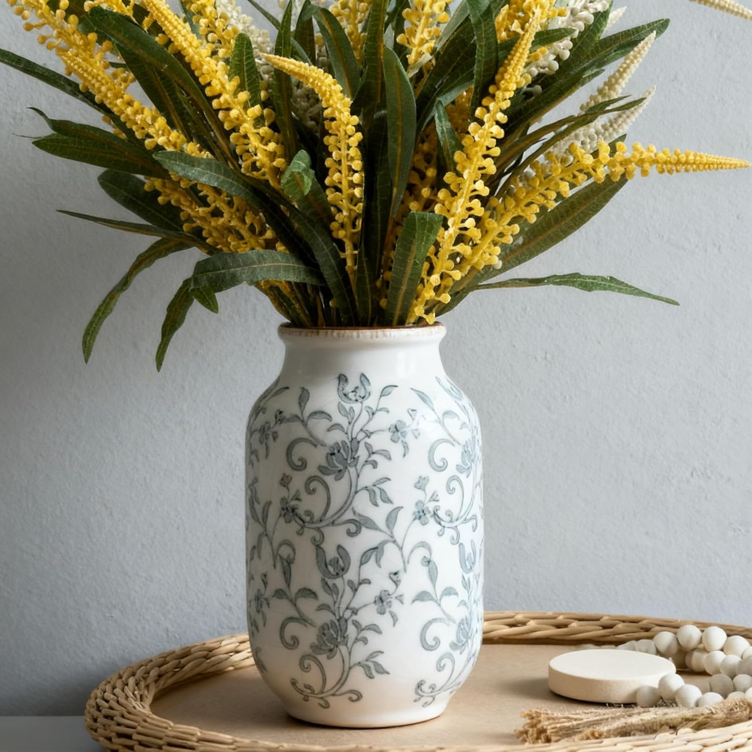 SIDUCAL Ceramic Vintage Vase, 8.78 Inch Chinoiserie Floral Vase, Retro Ice Cracked Rustic Farmhouse Vases for Home Decor, Living Room, Bookshelf, Office, Tuscan Decor, Gray Floral Pattern - Image 3