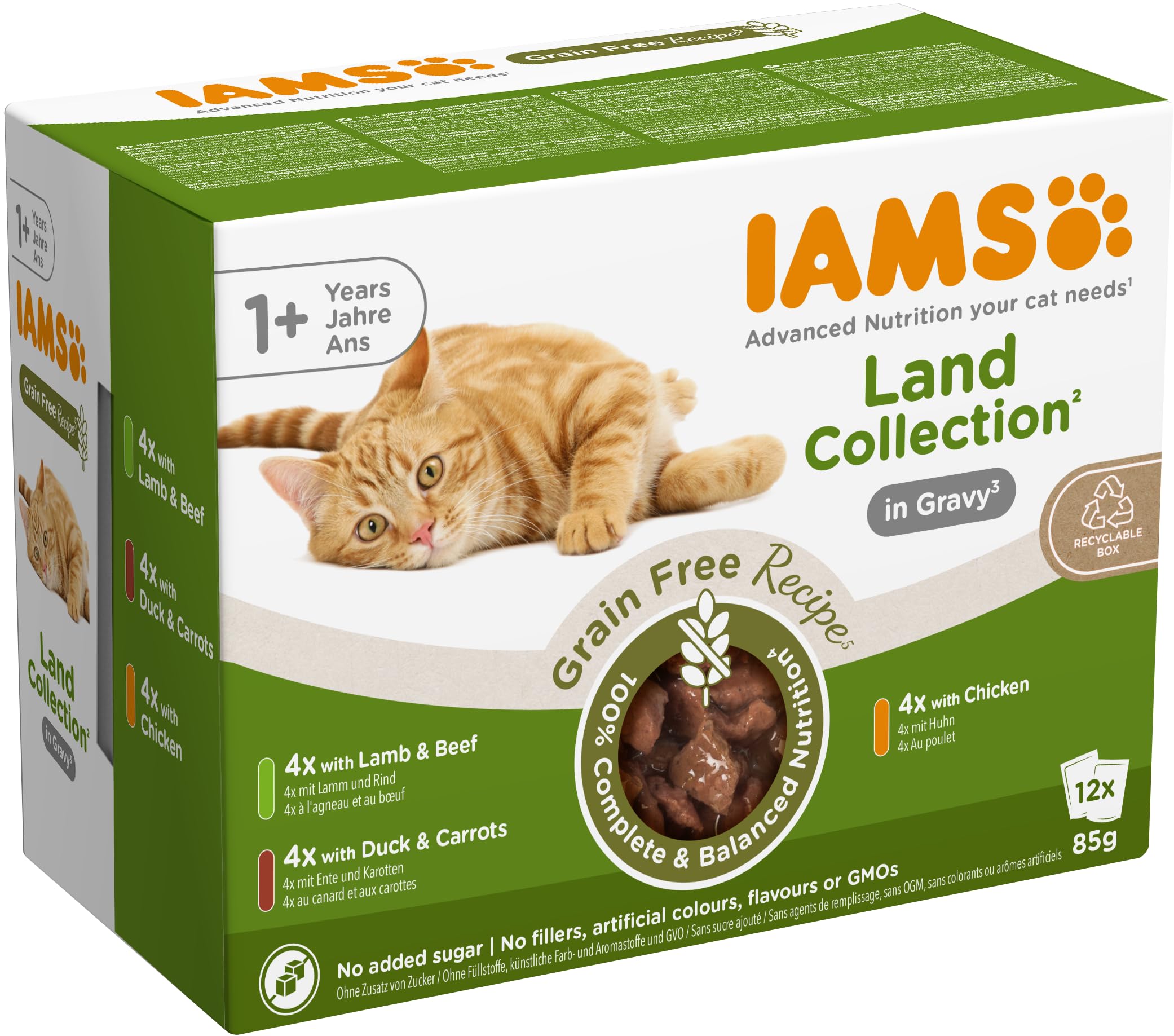 IAMS Delights Land Collection Nourriture Humide pour Chat sans céréales – Multipack avec Viande, variétés en Sauce, Nourriture Humide sans céréales pour Chats à partir de 1 an, 12 x 85 g