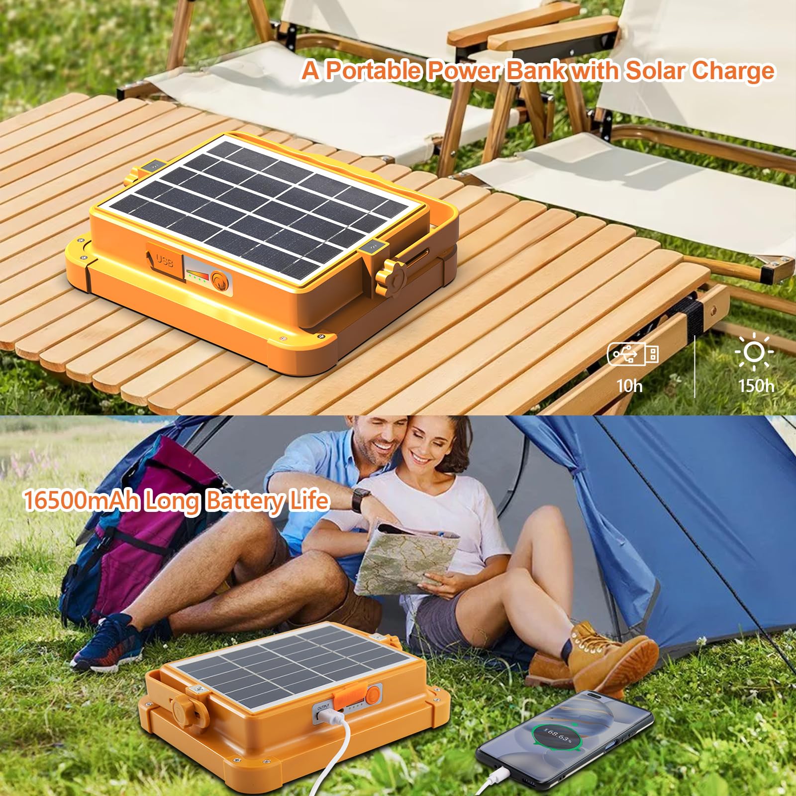 Luz solar LED portátil de trabajo de 100 W, 16500 mAh, 10000 lm, con brillo continuo, batería recargable para el lugar de trabajo, luz de emergencia para huracanes (naranja (remoto))