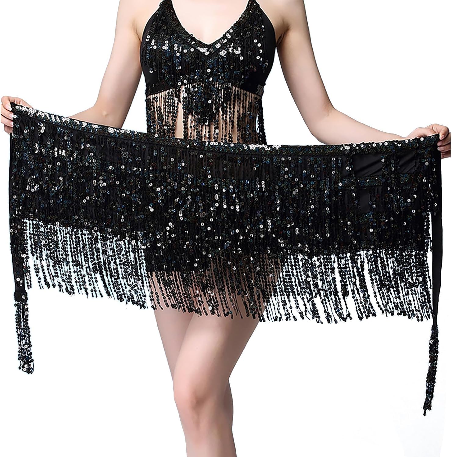 Gold Sequin Tassel Skirt Wrap Belly Dance Sparkling Skirts Fringe Hip Scarf for Festival