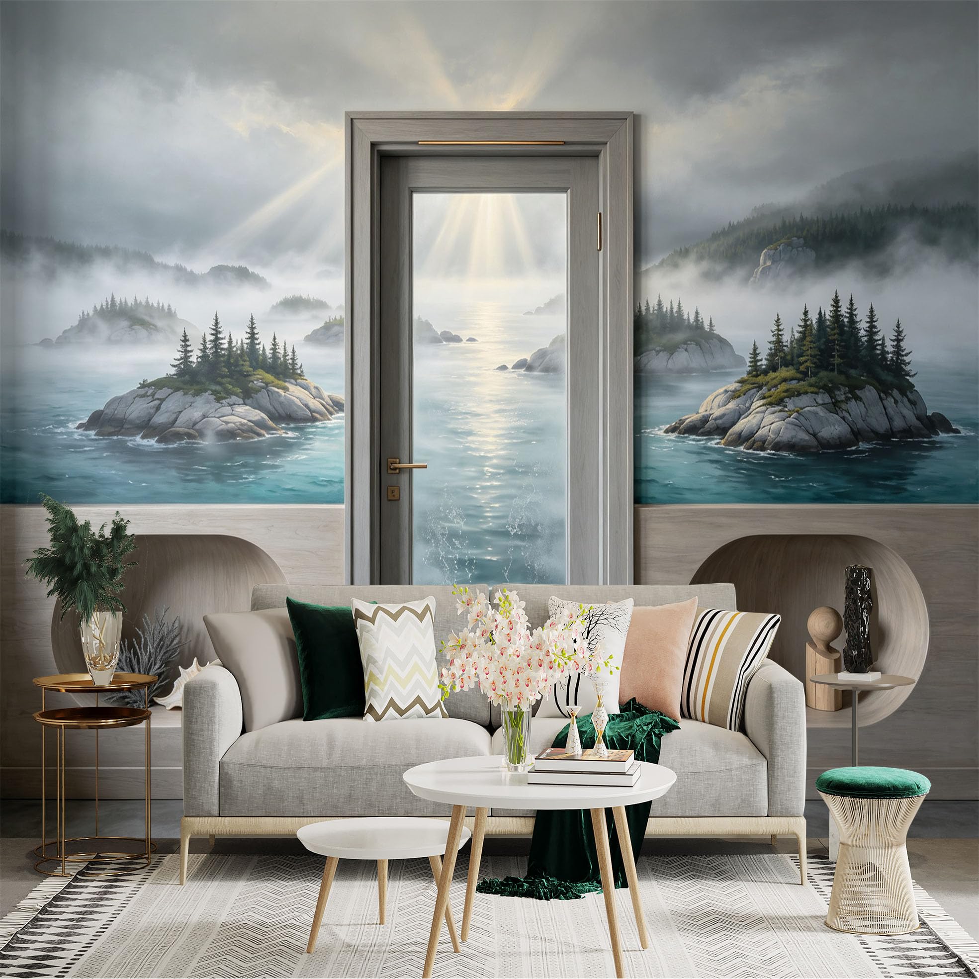 Custom Size Wall Sticker Mural， Misty Coastal Islands， Ocean View， Pine Trees， Rocky Shore， for wall Decoration， peelandstick wall Decals.