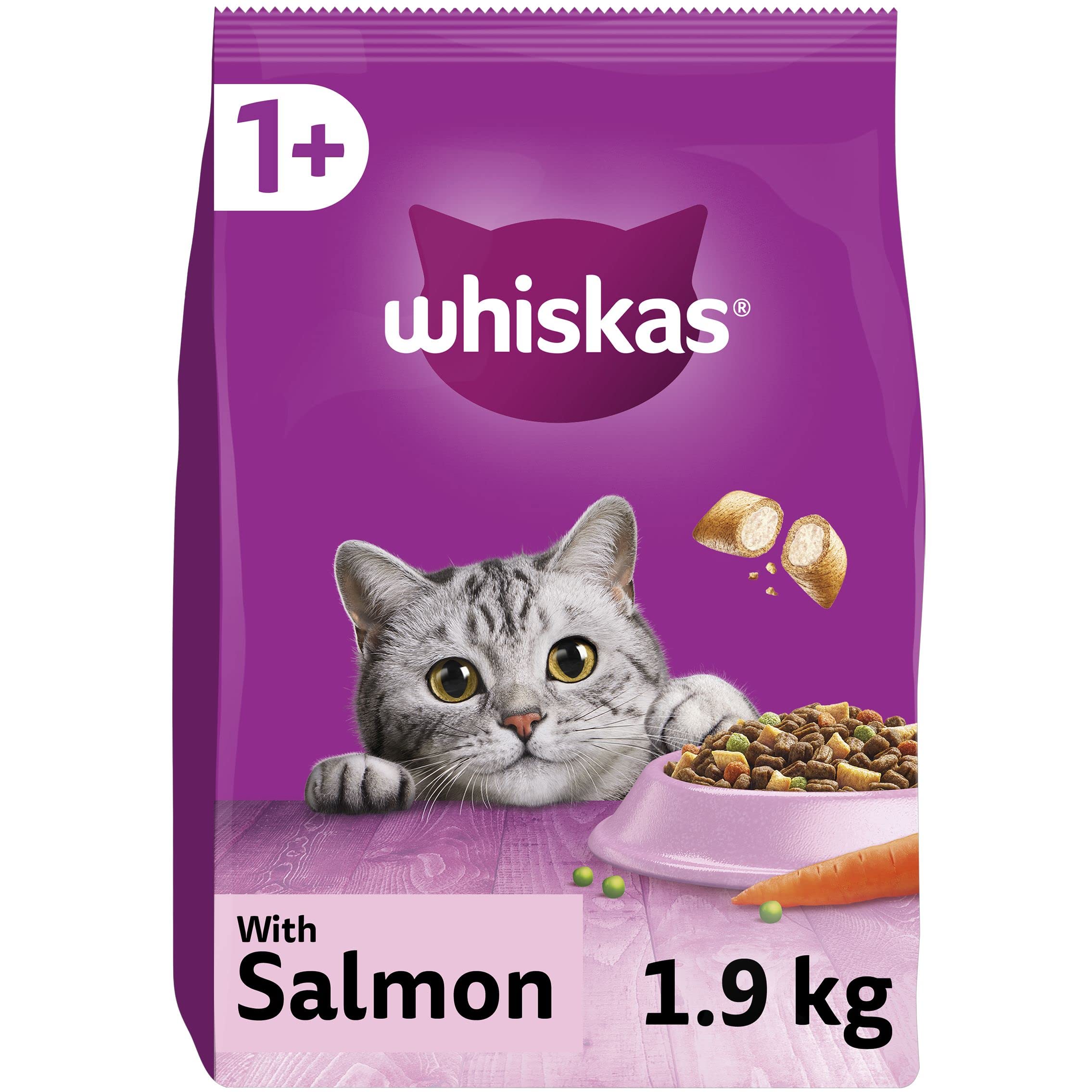 Whiskas 1+ Salmon Pack of 4 x 1.9 kg Bags, Adult Cat Dry Food