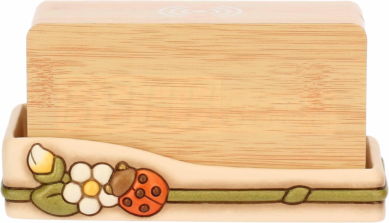 THUN Flower Ladybird Ceramic Digital Clock with Plastic Case with Wood Effect PU Coating, Country Bloom Collection, 17 x 9 x 3.7 cm