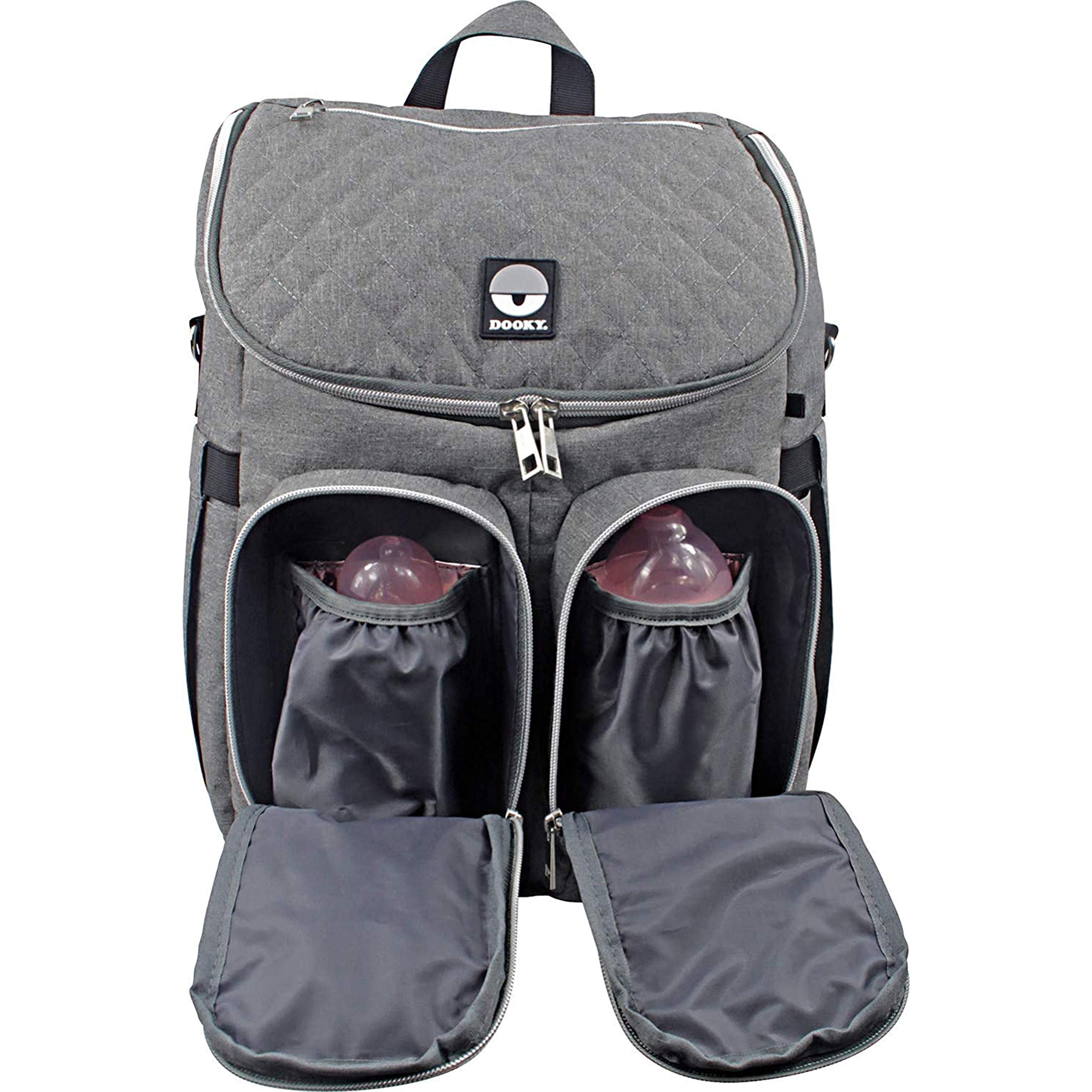 Dooky Wickeltasche 2 in 1 Universal Baby Kinderwagen Tasche Rucksack Kombination mit Reißverschluss (inkl. Wickelauflage/Wickelunterlage, 11 Fächer, verstellbare Riemen), Grau Melange