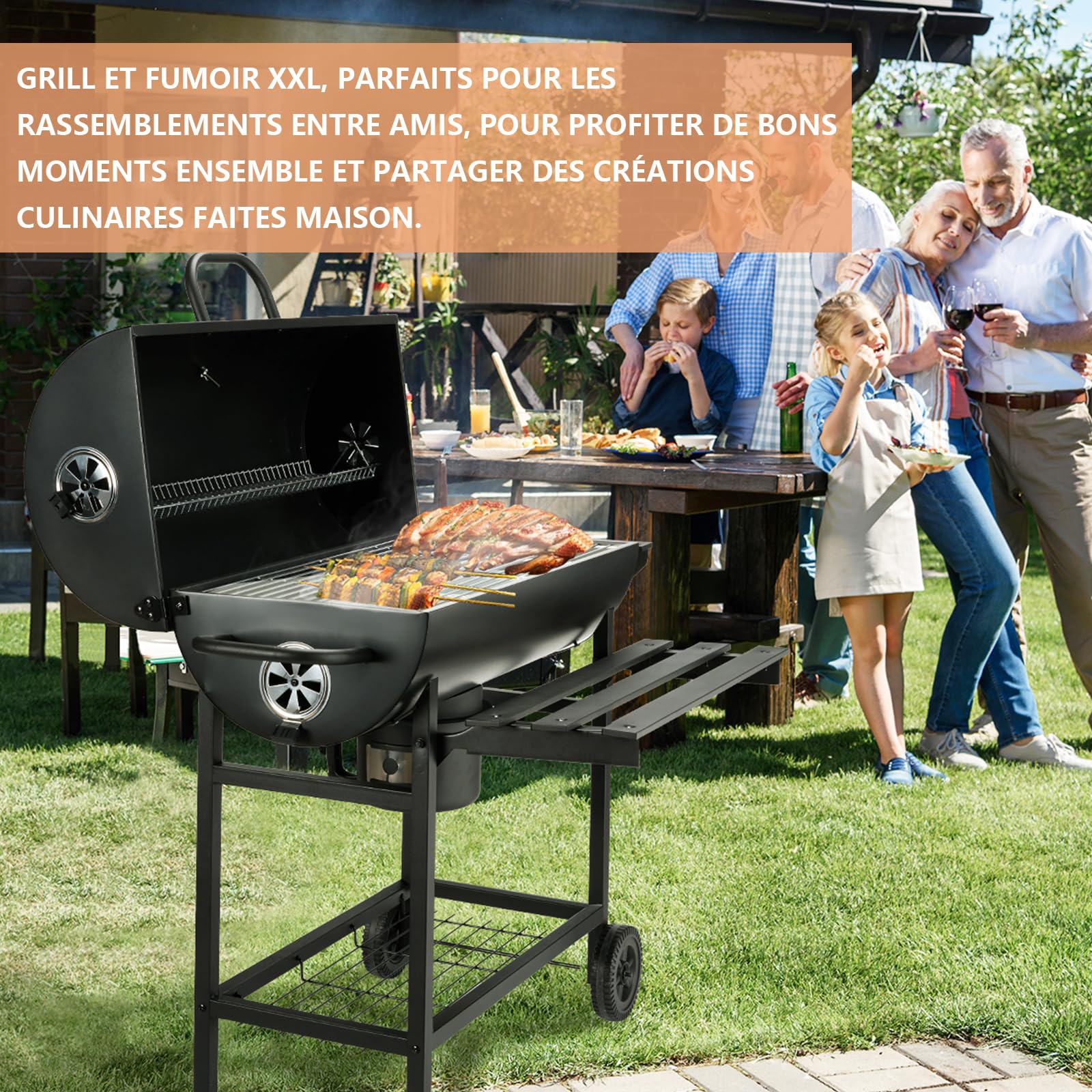 TEENO Chariot à Barbecue de Bois,Grill XXL à Charbon avec Couvercle, Thermomètre,Tiroir à Cendres,Gants anti-brûlures, Évent Réglable,Grand Barbecue au Charbon de Bois (Basic) | Thermomètre,Tiroir à Cendres,Gants anti-brûlures, Évent Réglable,Grand Barbec