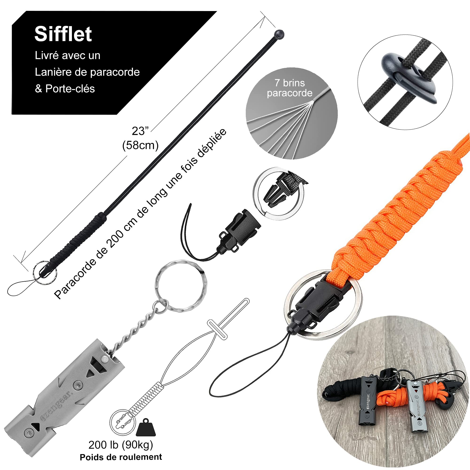 Sifflets puissants avec lien en paracorde (Lot de 2), porte-clés - Sifflet facile d’utilisation, étanche, en acier inoxydable - Pour secours, promenade de chien, sécurité, entraînement, enfants, camping en plein air, kayak