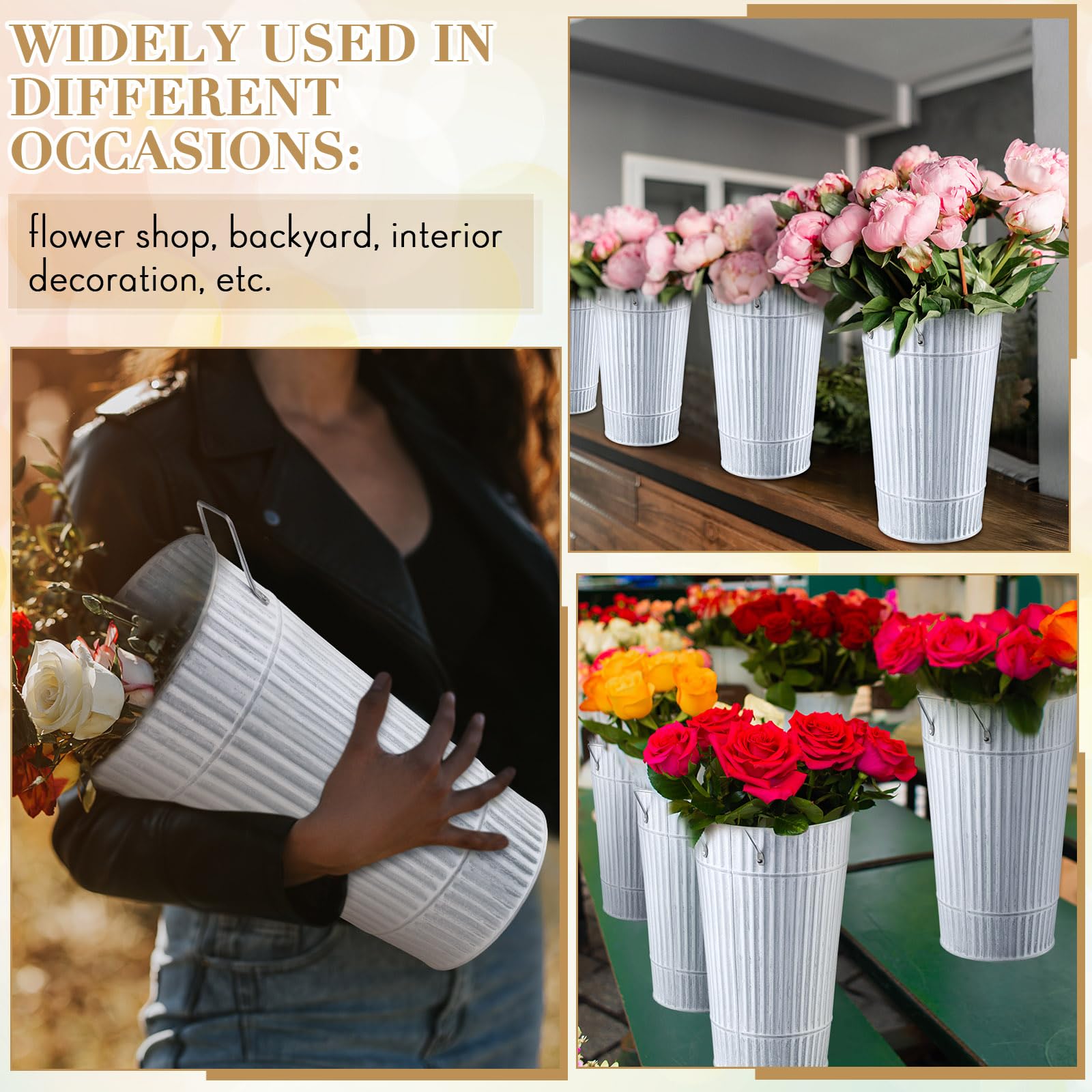 Paquete de 6 cubos de flores galvanizados vintage de 12 pulgadas, jarrones de flores de metal con asa, maceta francesa de granja, contenedor floral para flores, hogar, mesa, centro de mesa, 6