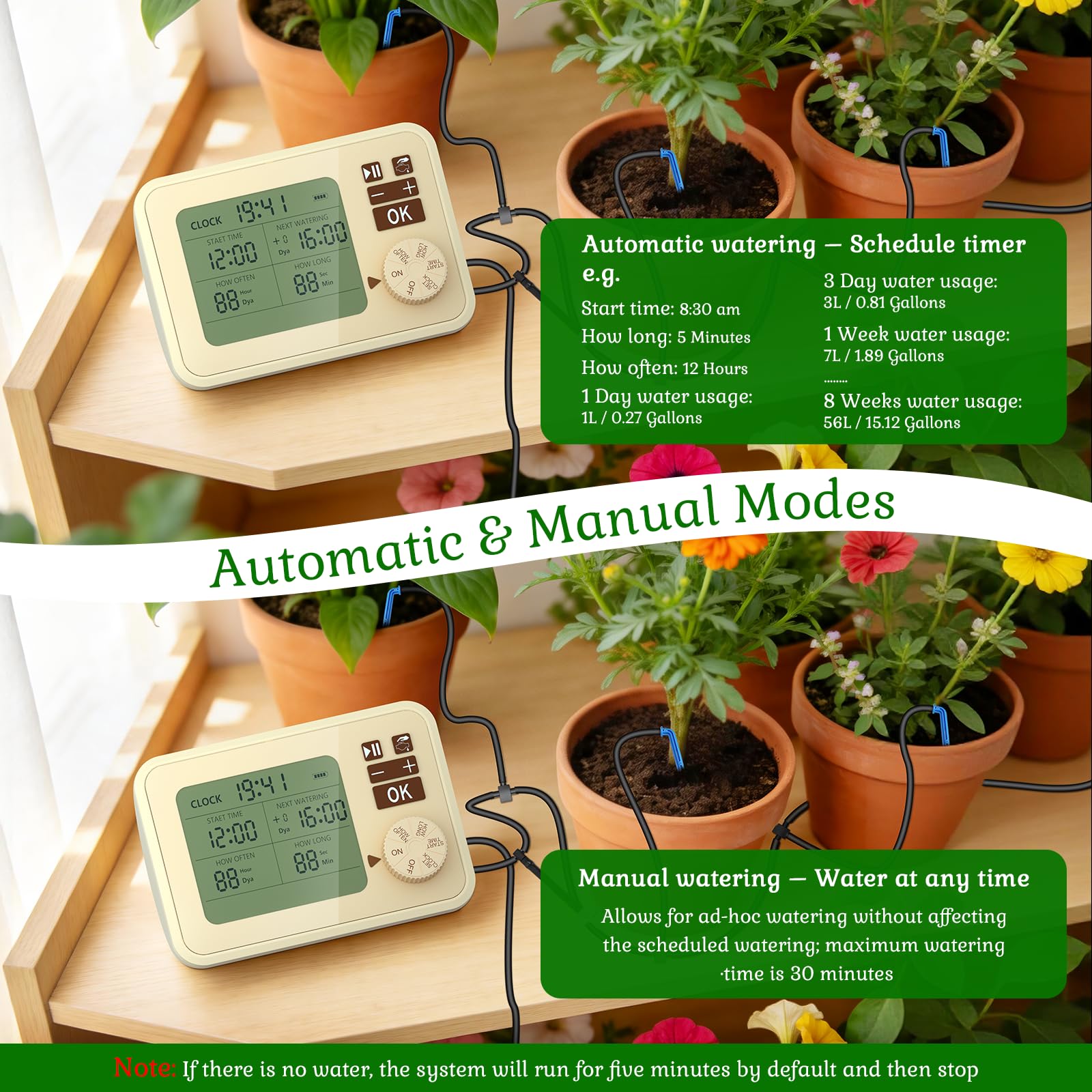 PChero Riego Automático con Temporizador, 15m Manguera Gotera, 20 Goteadore | Riego Interior con Temporizador Programable y Accesorios para Plantas en Maceta, Invernadero, Balcón y Jardín Elevado