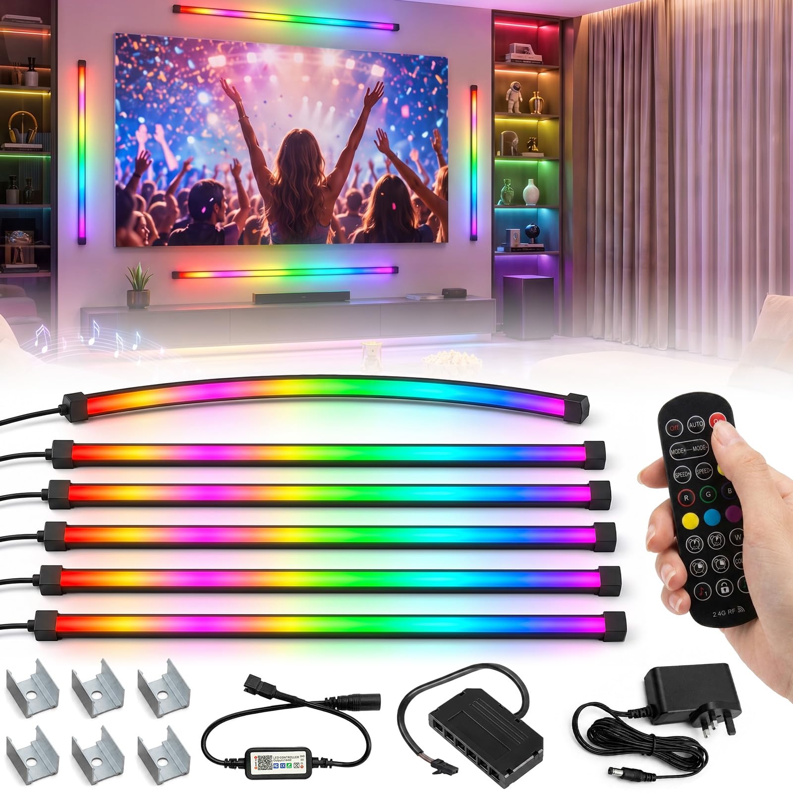 LED Strips for Acoustic Wall Panels - 6x90cm LED Wall Panel Lights Black, Music Sync, Multiple Lighting Modes, RGB Neon LED Strips Lights with Remote Control, for Living Rooms, Cabinets, and Stairwell