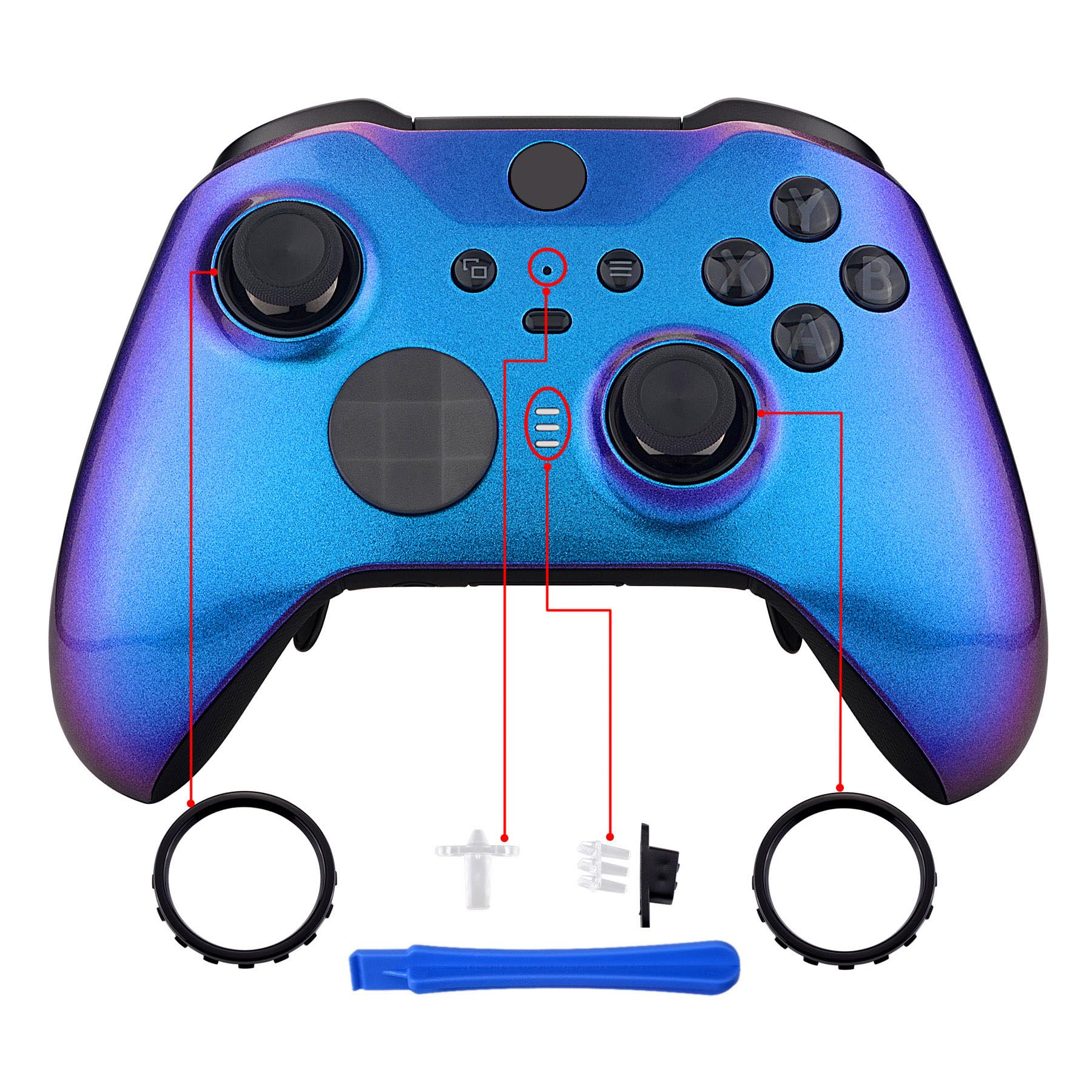 eXtremeRate Cover Custodia per Xbox Elite Series 2 Controller Model 1797,Scocca Case Frontale Ricambio per Xbox Elite Series 2 Controller Wireless Core&2 Anelli-Camaleonte Viola Blu