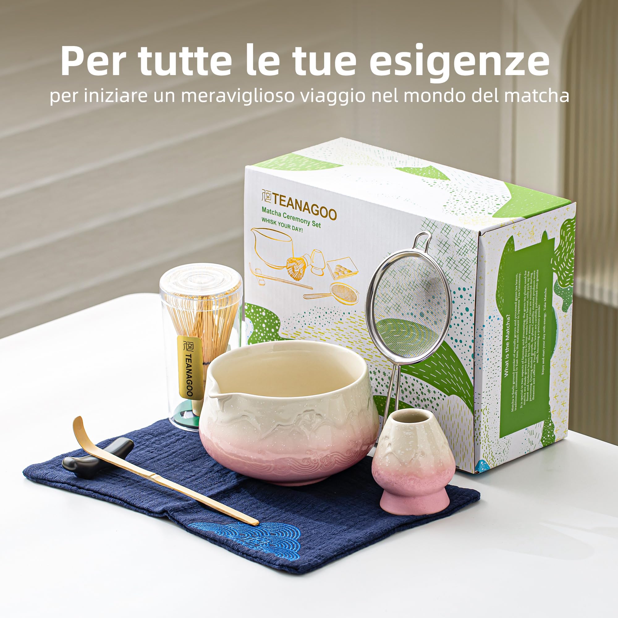 TEANAGOO MATCHA KIT, Matcha Set rosa, Matcha Cerimoniale, set per preparare il latte al tè matcha, set con frusta e ciotola con cucchiaio e setaccio, ciotola in ceramica con design Fuji,