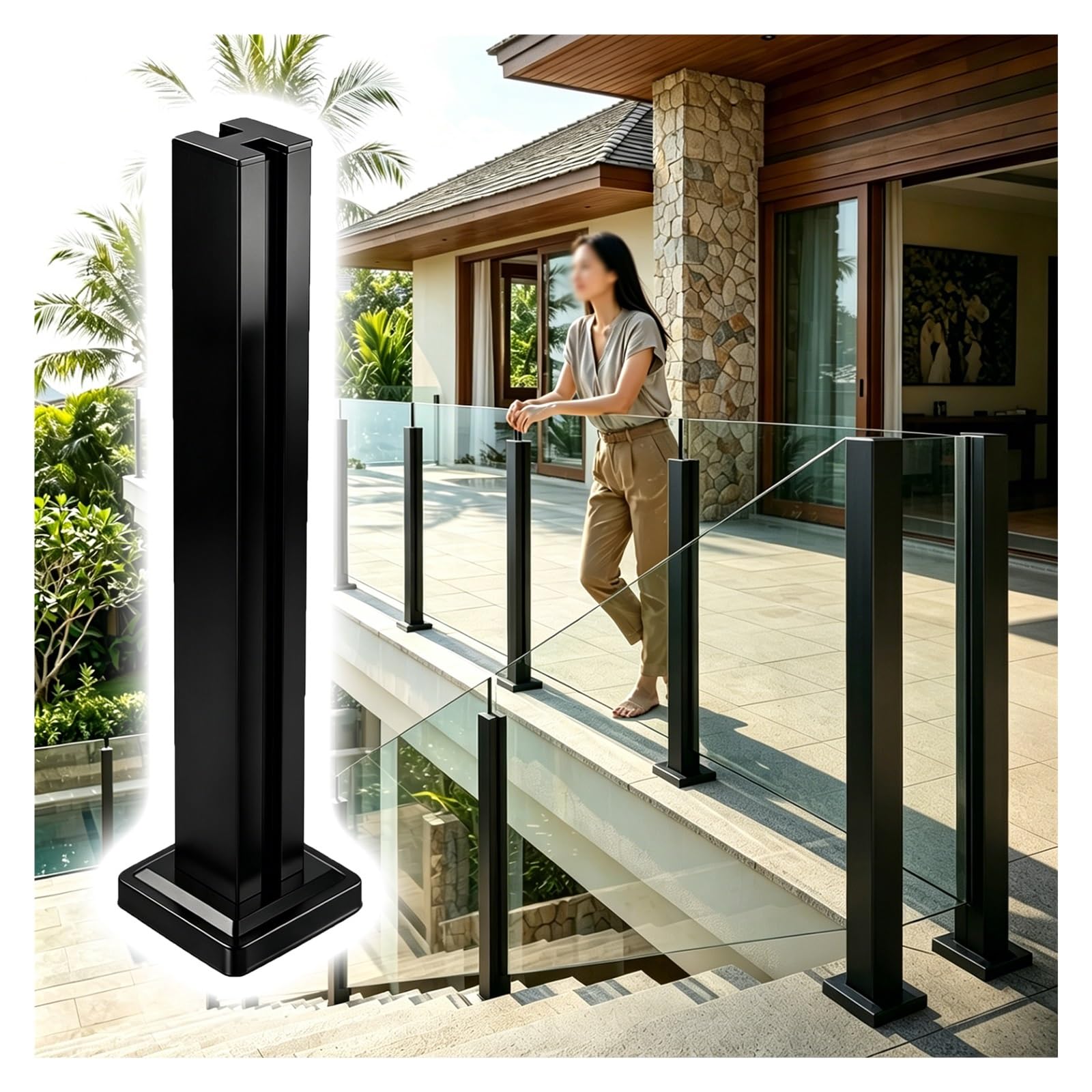 ZJKXJH Glass Fixing Railing Post, Glass Floor Fixed Column with Fittings, Frameless Panel Slot Post for Deck/Porch/Courtyard, Easy to Install(Middle Post-Black,H-34in/86.4cm)
