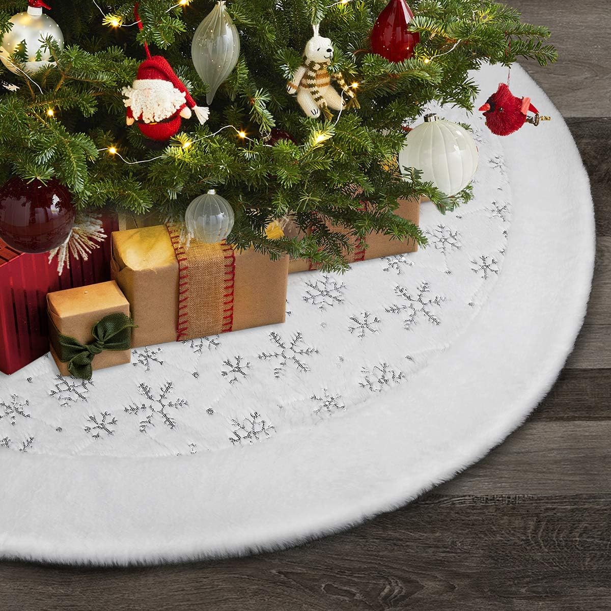 Townshine 48 Inch Christmas Tree Skirt White Faux Fur Sequin Snowflakes Tree Skirt Soft Thick Plush Mat Xmas Holiday Party Decorations