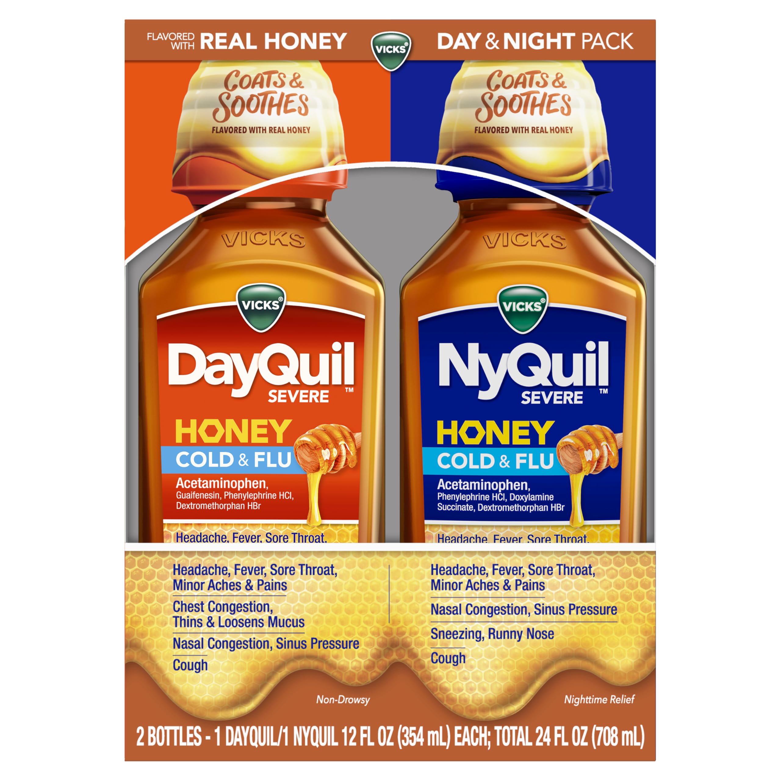 Vicks DayQuil & NyQuil SEVERE Honey Cold & Flu Medicine, Relief for Headache, Fever, Sore Throat, Minor Aches & Pains, Nasal Congestion, Sinus Pressure, Stuffy Nose, & Cough, Honey Flavor, 2x12 OZ