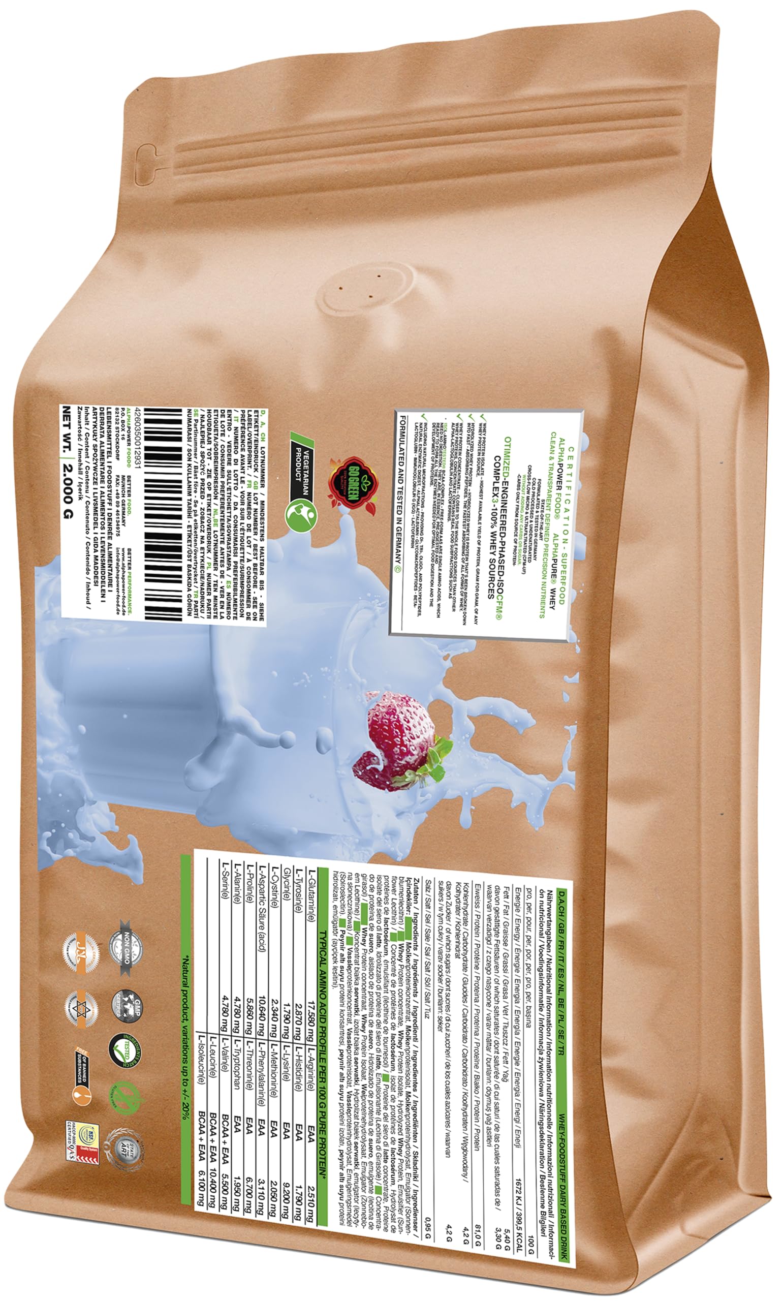 ALPHAPOWER FOOD CFM Whey isolate 2kg, Proteine del siero del latte in polvere, identiche a quelle naturali, senza dolcificanti, aromi e zucchero * Preferibilmente da animali nutriti al pascolo