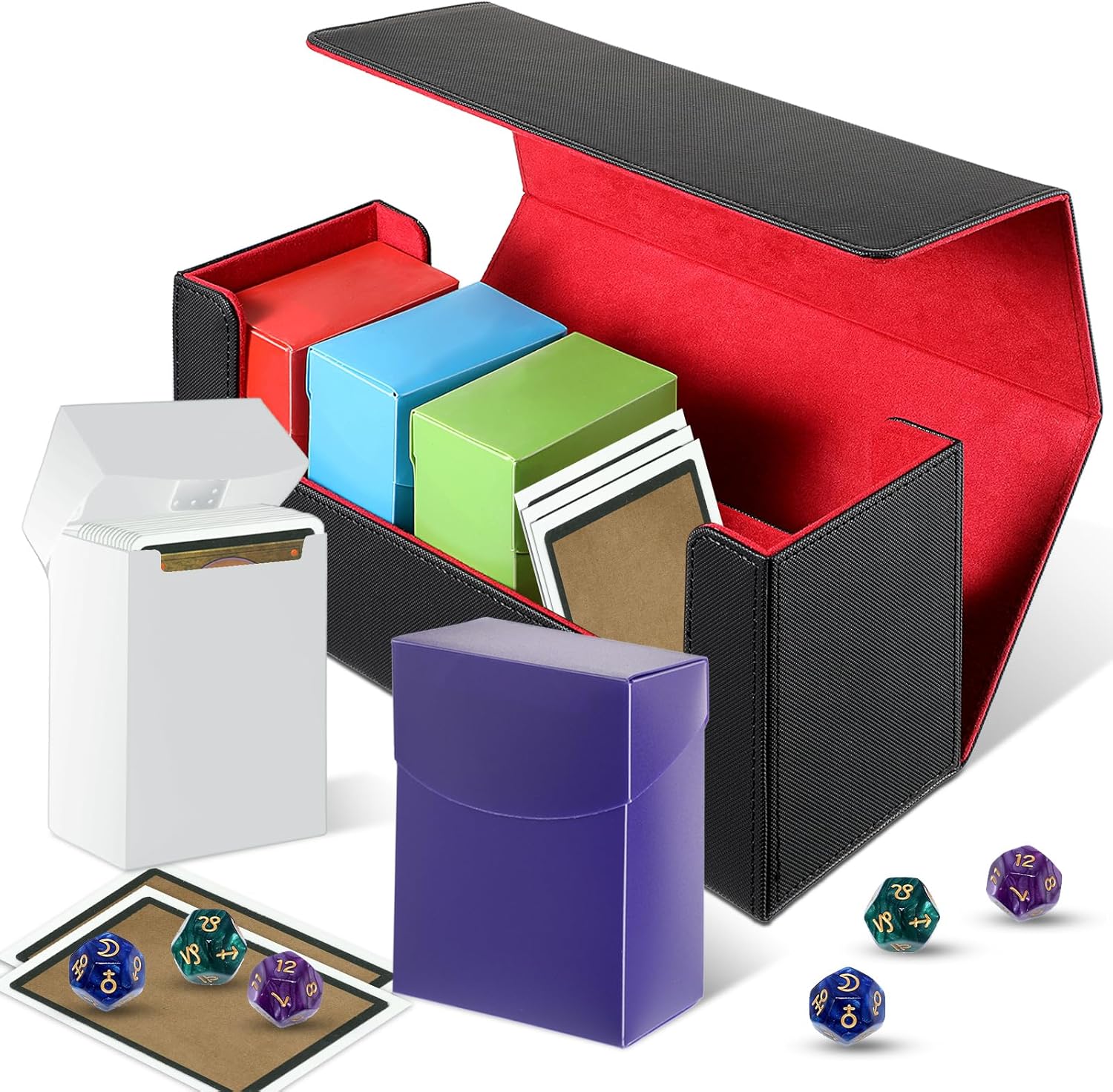 Silkfly 6 Pieces Deck Card Storage Box, 1 Leather Deck Case with 5 Plastic Card Boxes Playing Cards Box Compatible with Mtg Tcg Commander Card(Black and Red)
