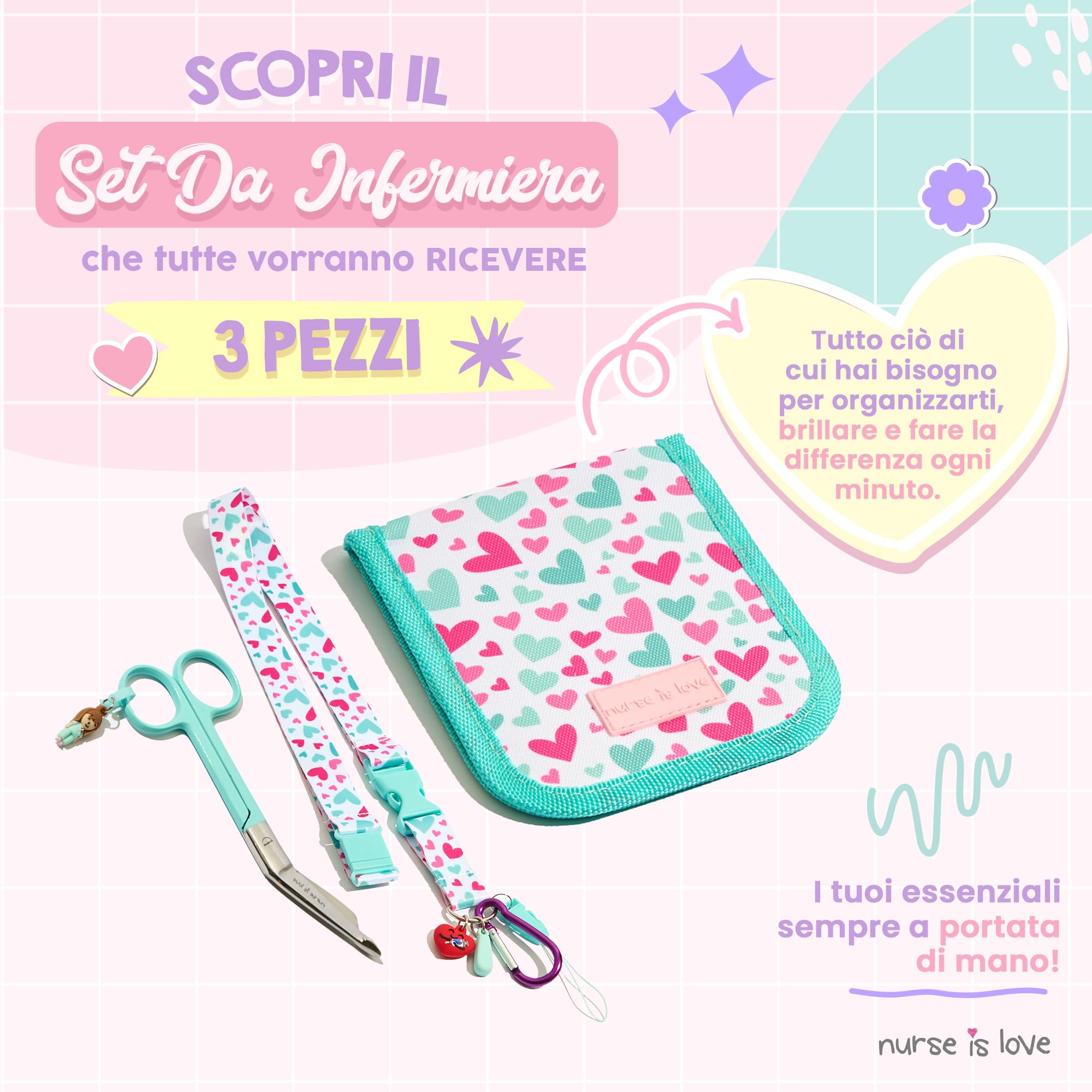 Set Regalo Infermiera 3 Pezzi | Organizer Tasche + Lanyard + Forbici Mayo | Accessori Coordinati Con Cuori E Pastelli