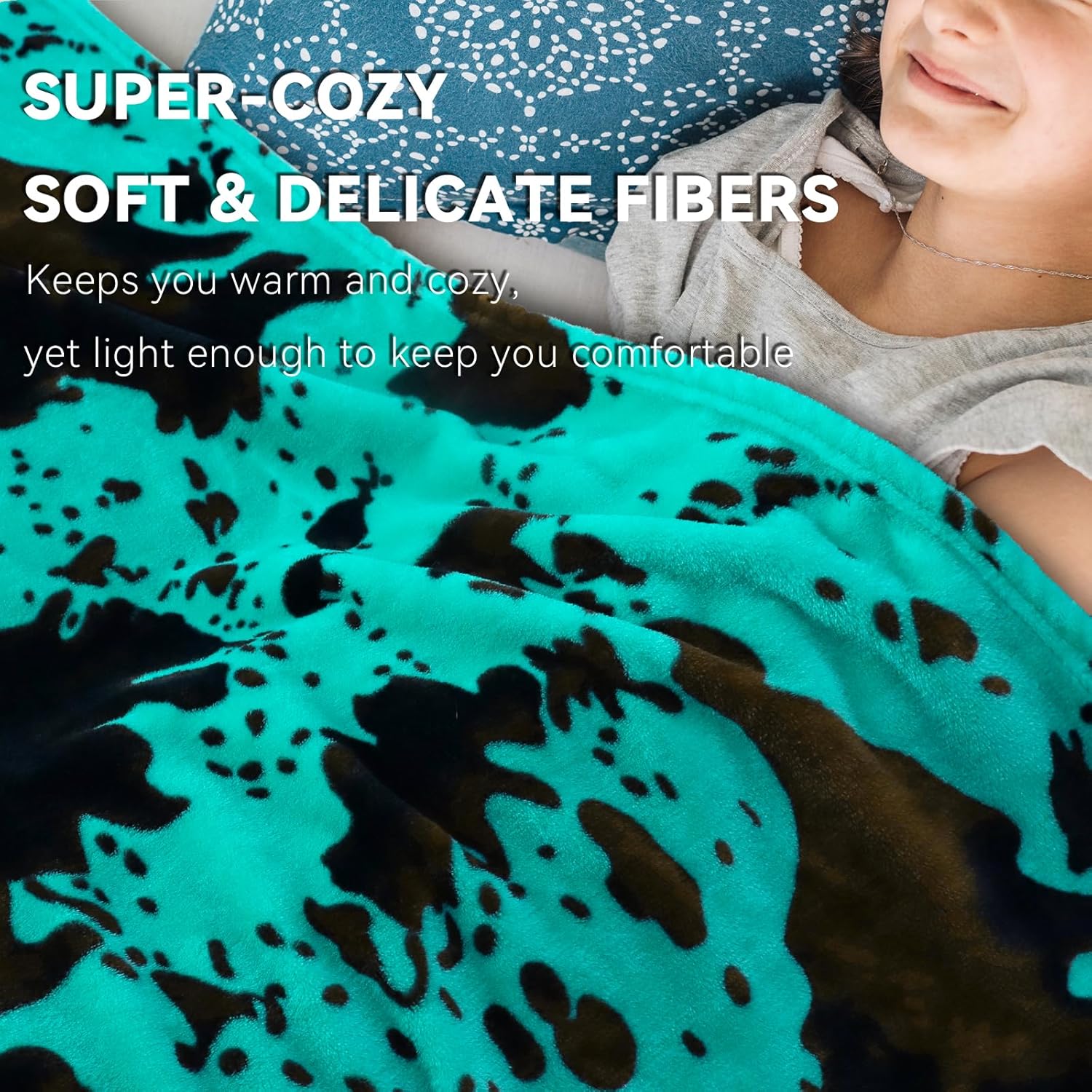 Teal Fleece Blanket Twin Size - Plush Soft Warm Turquoise Cow Print Throw for Bed, Couch, Sofa, Room Decor & Gifts - Image 3