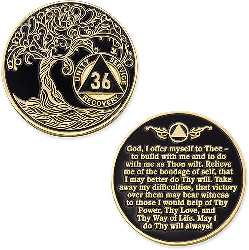 Miniatura 3 de Medallón/Ficha/Token de Recuperación AA Sobriety Mint de 36 Años, Árbol de la Vida Retorcido, Dorado Chapado en Oro - Negro